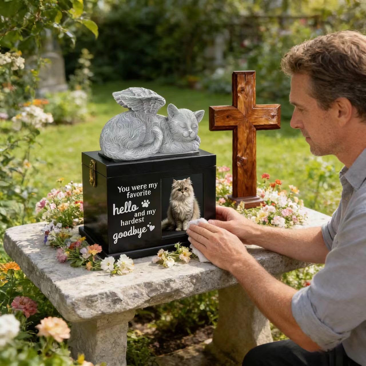 Cat Urns for Cat Ashes, Wooden Cats Urn Ashes Box with Photo, Black Pet Box Cremation with Brass Lock Key, Angel Figurine & Picture Frame, Loss of Loved Cats Keepsake Memorial Gift