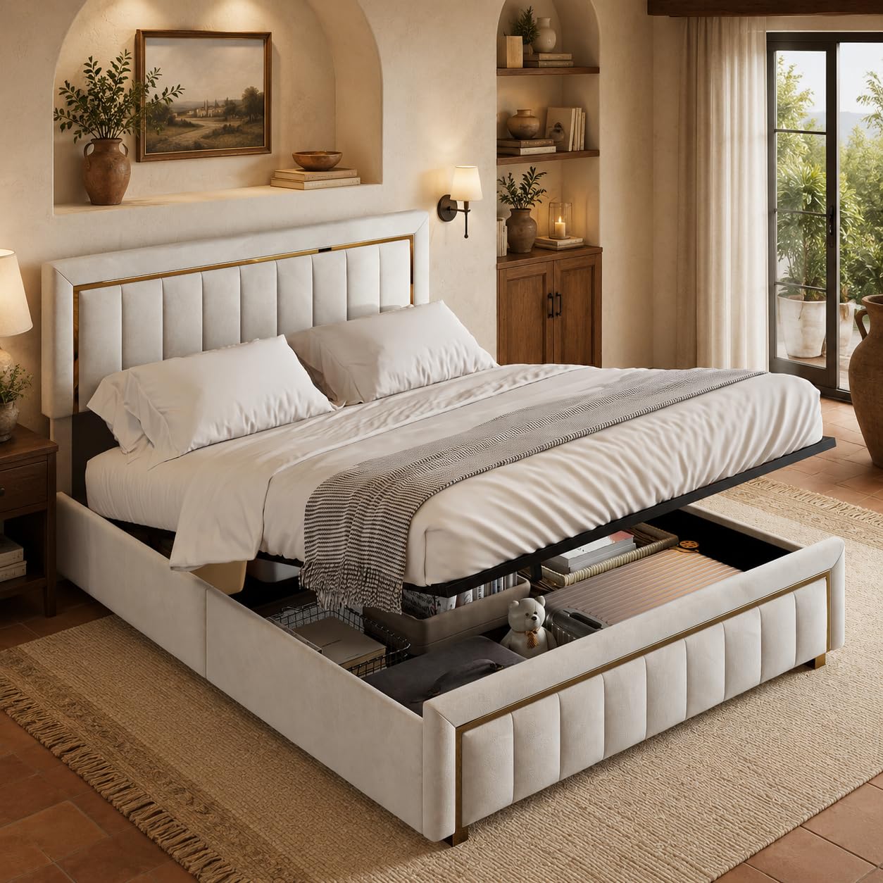 Cama de Matrimonio 140x200 cm con Canapé Abatible, Cama Tapizada de Terciopelo con Gran Espacio de Almacenamiento, Cabecero y Pie de Cama Acolchados, sin Colchón, Beige