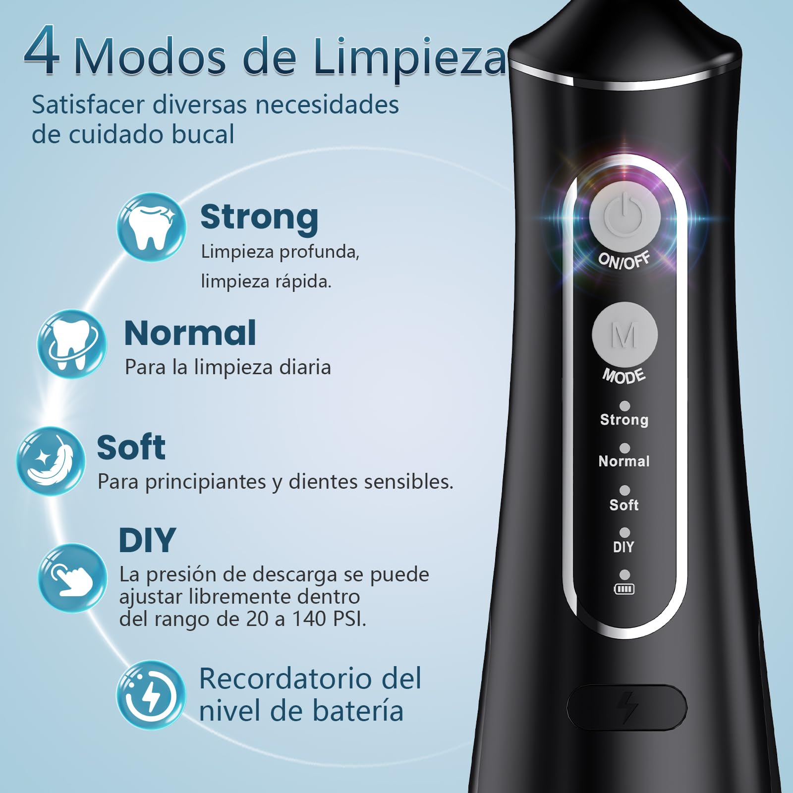 Irrigador Dental Portátil, 300ML Irrigador Dental Profesional con 5 Boquillas y 4 Modos, Tecnología DIY de Autoajuste, Irrigador Bucal Inalámbrico para Viajes y Hogar, Impermeable IPX7 — view 3