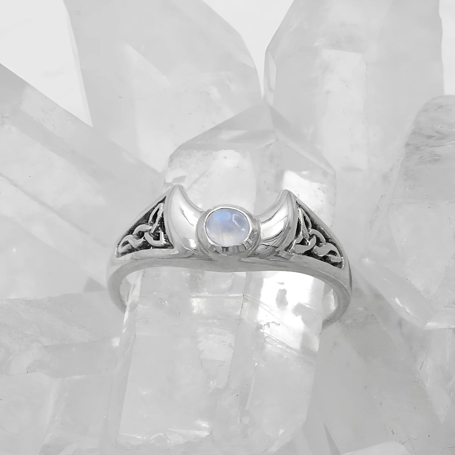 Moonlight Mysteries Wiccan Moon Ring with Rainbow Moonstone Gemstone and Celtic Knotwork Design (Sizes 4-15)