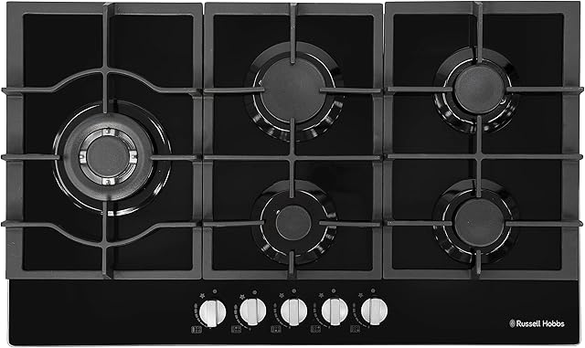 Russell Hobbs RH75GH601B/01 Black Glass 75cm Wide, 5 Burner Gas Hob, Free 2 Year Guarantee