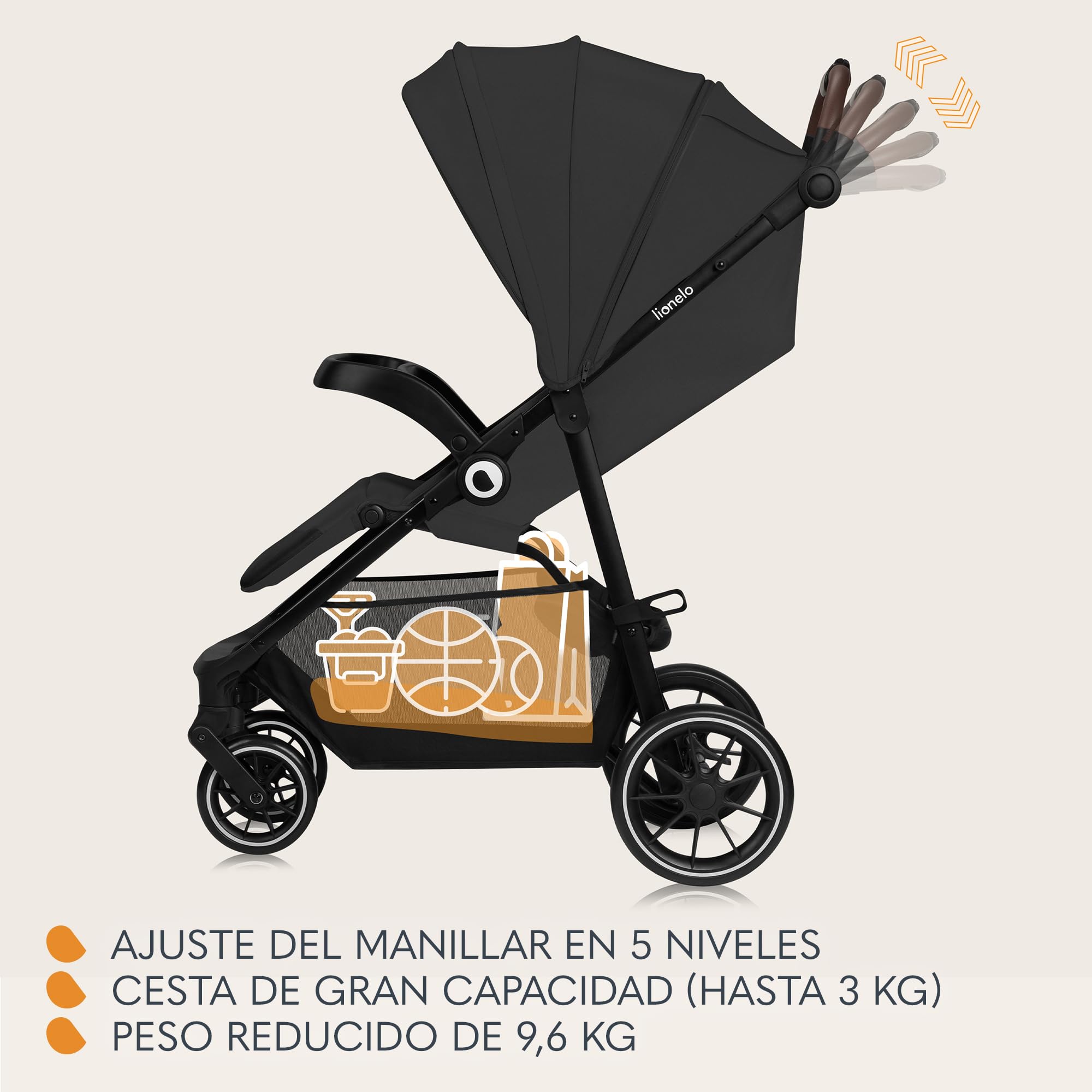 LIONELO EMMA ONE Carrito bebe hasta 22 kg de 6 m a 4 años Ruedas Giratorias 360° Suspensión Total Plegable con una Sola Mano Ajuste del Respaldo y Reposapiés Toldo XXL UPF50+ (Grey)