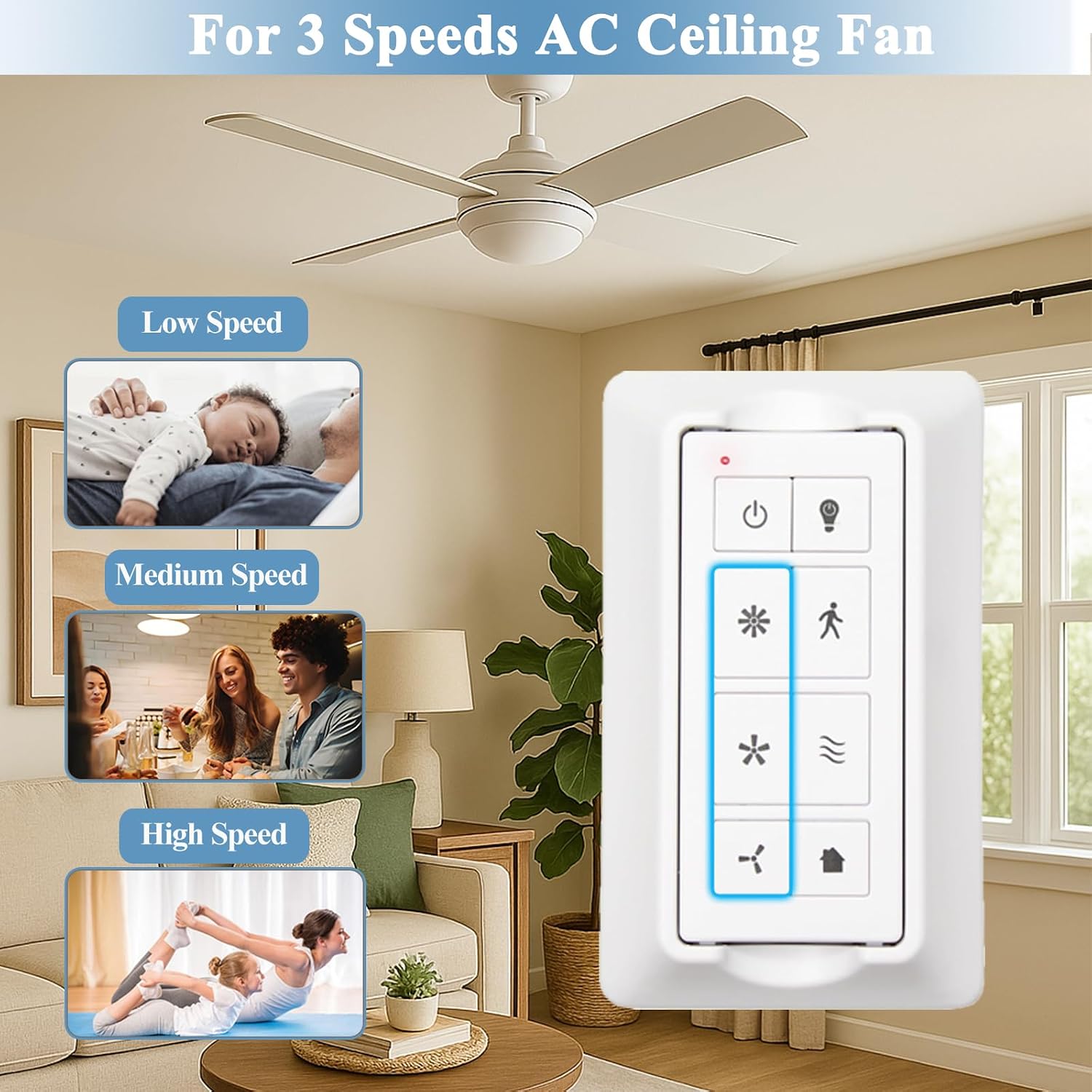 Smart Ceiling Fan Control & Dimmer Switch, Universal Ceiling Fan Remote Control Kit with Receiver, Wall Control with 3 Speeds, Works with Alexa, Google Assistant and Smart Life APP, 2.4GHz WiFi Only