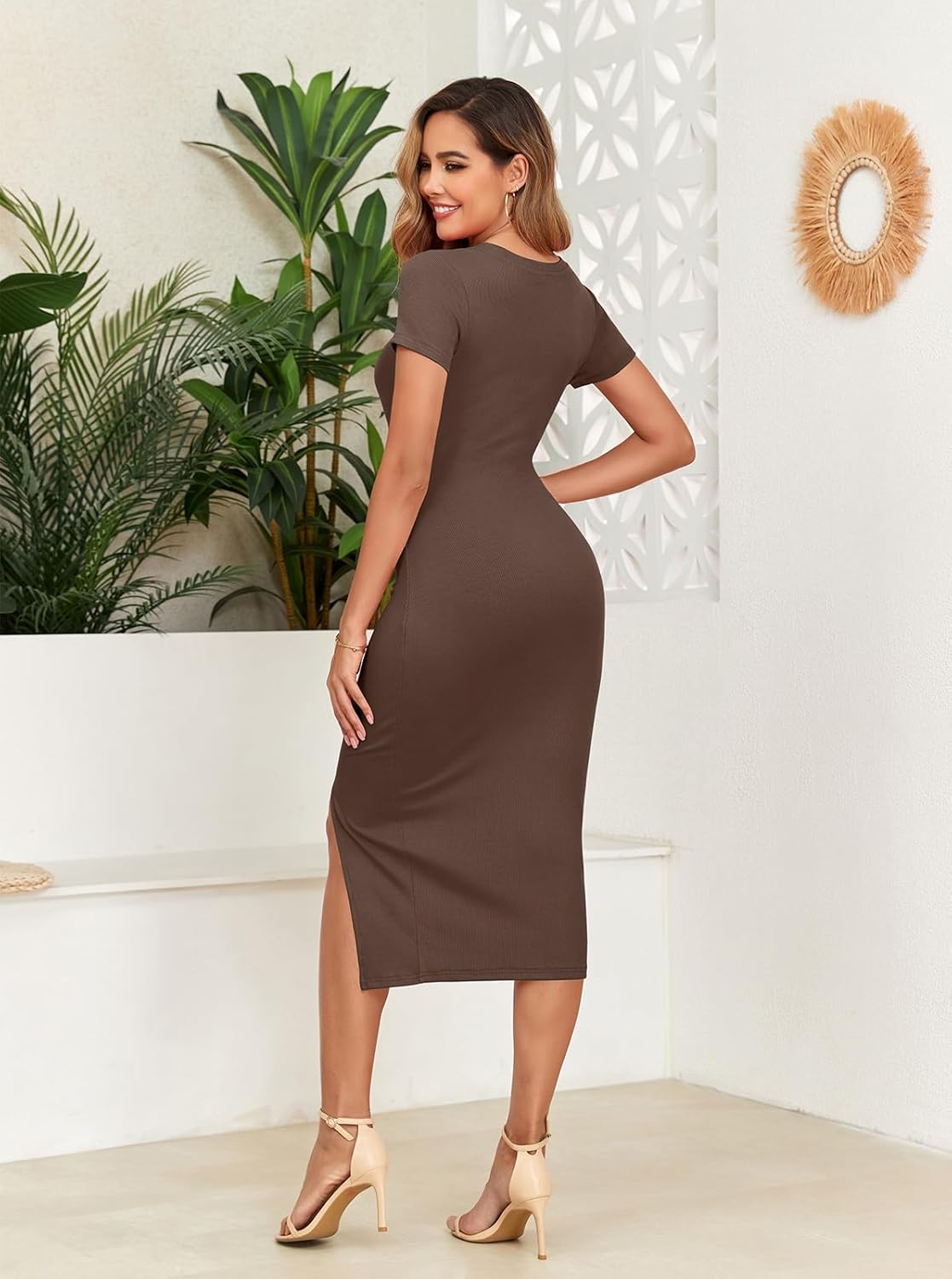 oten Women's Summer Short Sleeve Cutout Twist Front Side Slit Ribbed Knit Party Club Bodycon Midi Dresses - Image 2