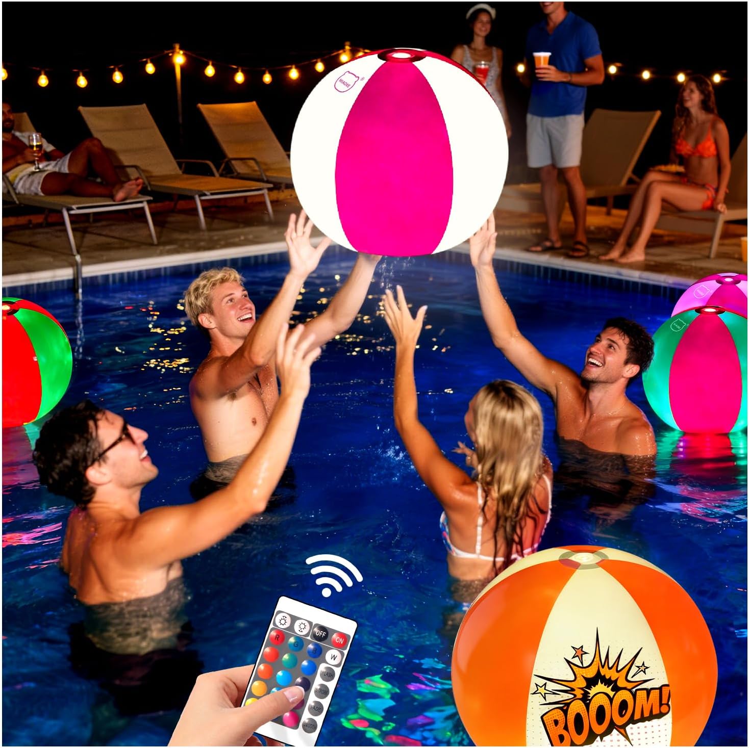 MIAOKE Funny and Playful Pool Toys 16 Inch 6 Pack- 16 Lighting and 4 Modes LED Beach Ball with Remote Control,Suitable for Pool Game Summer Pool Party,Outdoor Family Games (Red Green Orange Each 2 Pc)