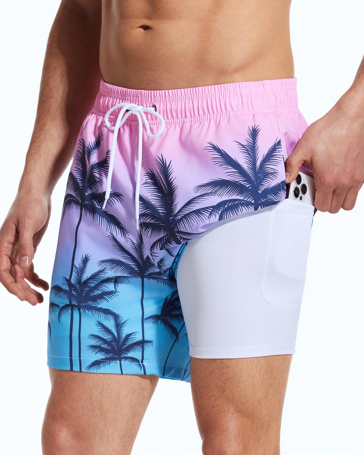 SILKWORLD Mens Swimming Trunks with Compression Liner 2 in 1 Quick-Dry Swim Shorts with Zipper Pockets