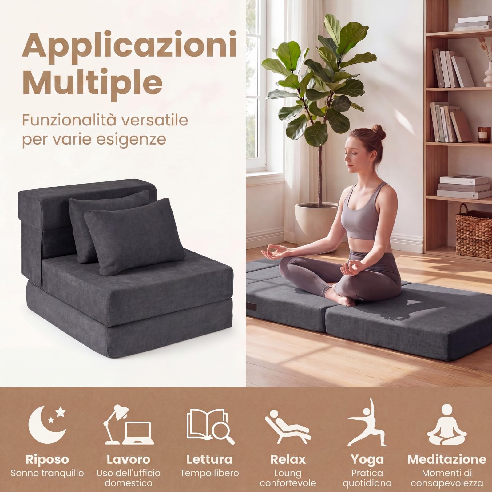 SOARS Divano Letto 2 Posti Pieghevole, 3 in 1 Divanetto Trasformabile con 2 Cuscini, Schiuma ad Alta Densità e Rivestimento in Tessuto Chenille, Poltrona Letto per Soggiorno (Grigio,72 x 76 x 58 cm)