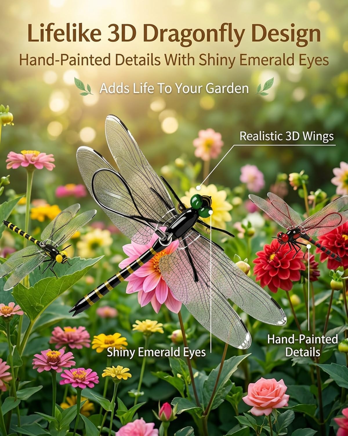 Dragonfly Clips for Bugs Repellent, 3D Artificial Dragon Fly, Lifelike Outdoor Hanging Ornament Garden Decor, Durable Fake to Keep Away Yard Ornaments Hat Golf Moving(Black(24pcs))