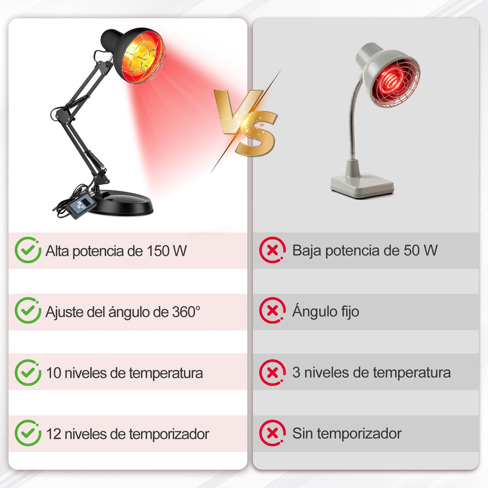 Lámpara de luz roja 150 W para uso doméstico, 10 niveles de temperatura + 12 niveles de temporizador, regulable en múltiples direcciones – **Negro**