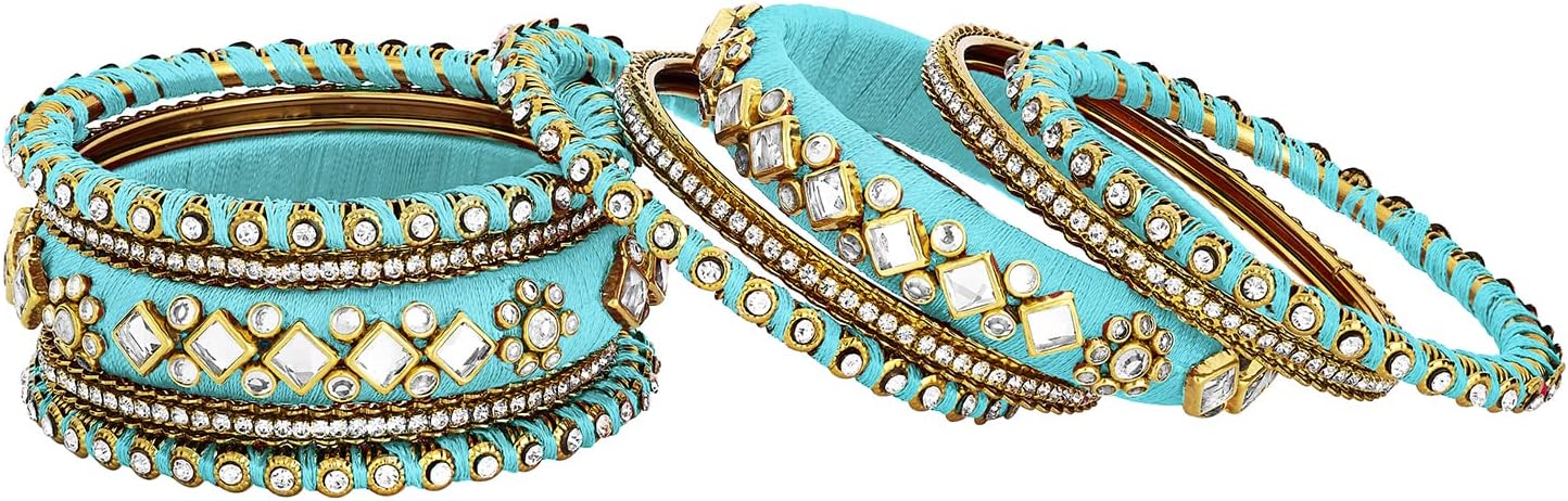 Aheli Blue White Silk Thread Fabric Stone Studded Kundan Chura Chuda Bangle Set Gift for Women Size 2.8"