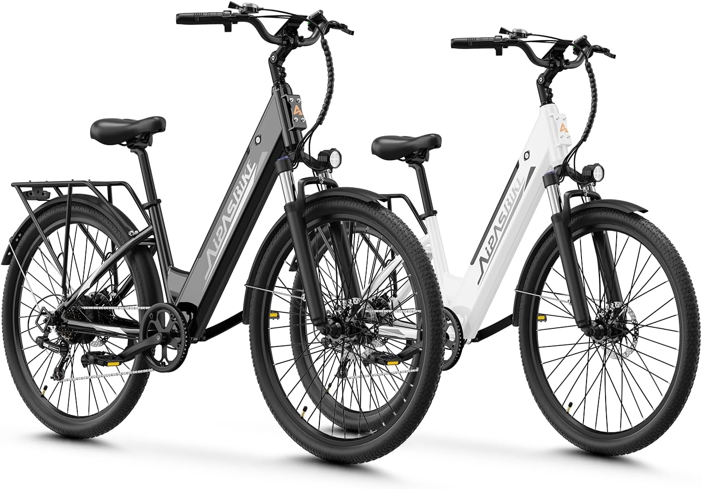 Aipas C1 Plus Electric Bike for Adults with 1100W Motor Peak, 48V 12.8Ah Battery, Max 62 Miles 28MPH, 26" Step-Thru Electric Commuter Bike with 7-Speed and Suspension System.