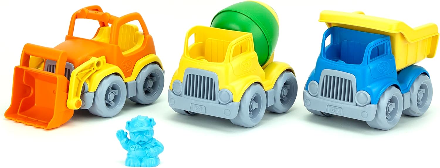 Green Toys Construction Vehicle Includes Scooper, Dumper, Mixer, 1 Character- 3 Pack - 4C