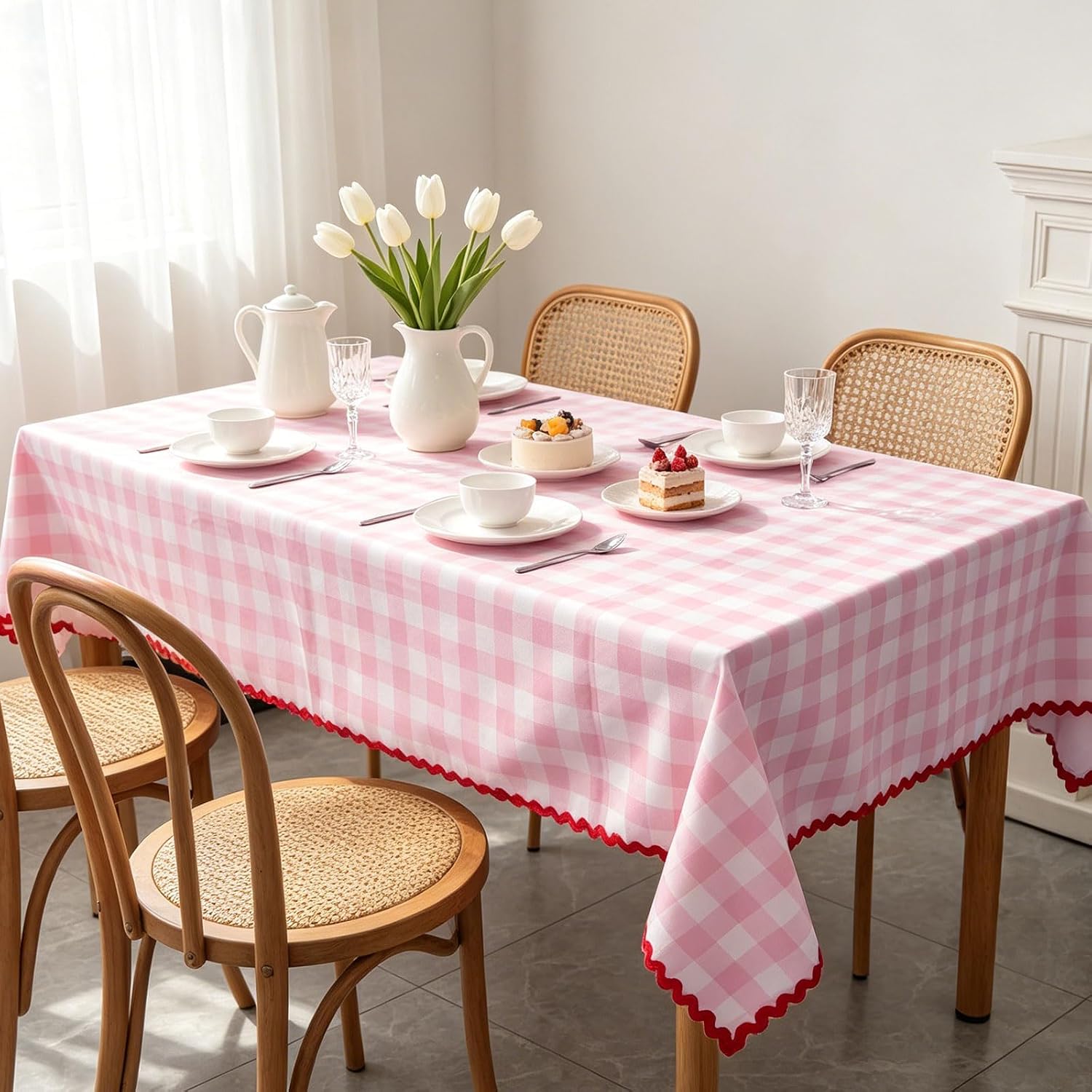 JarThenaAMCS Gingham Tablecloth Pink Plaid Scalloped Table Cloth image 4