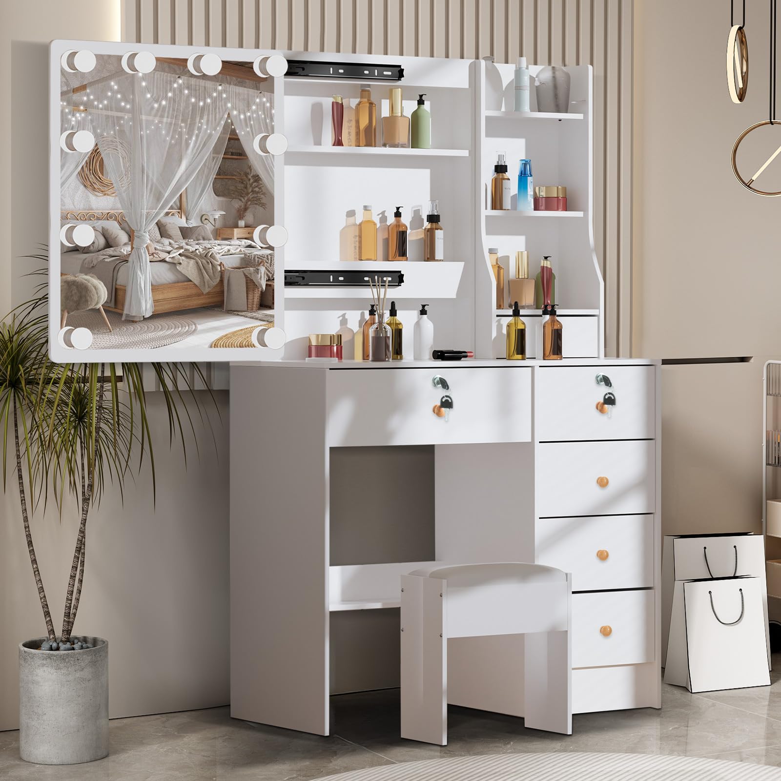 Toeletta Trucco Con 7 Cassetti E Luci LED - Specchio, Prese USB E Elettriche, Nero, Per Camera Da Letto - Foto 4