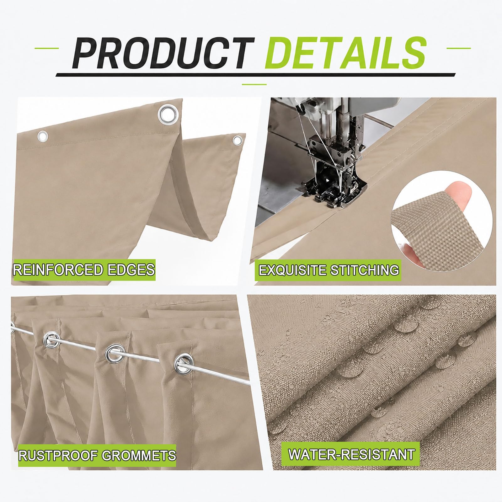 Ausziehbares Wellen-Sonnensegel 1.3 x 5.8 m PES Markisenstoff Sonnenschutz Wasserdicht Stabil Windabweisend Sonnensegel Wasserdicht mit Ösen für Balkon Terrasse Garten, Khaki