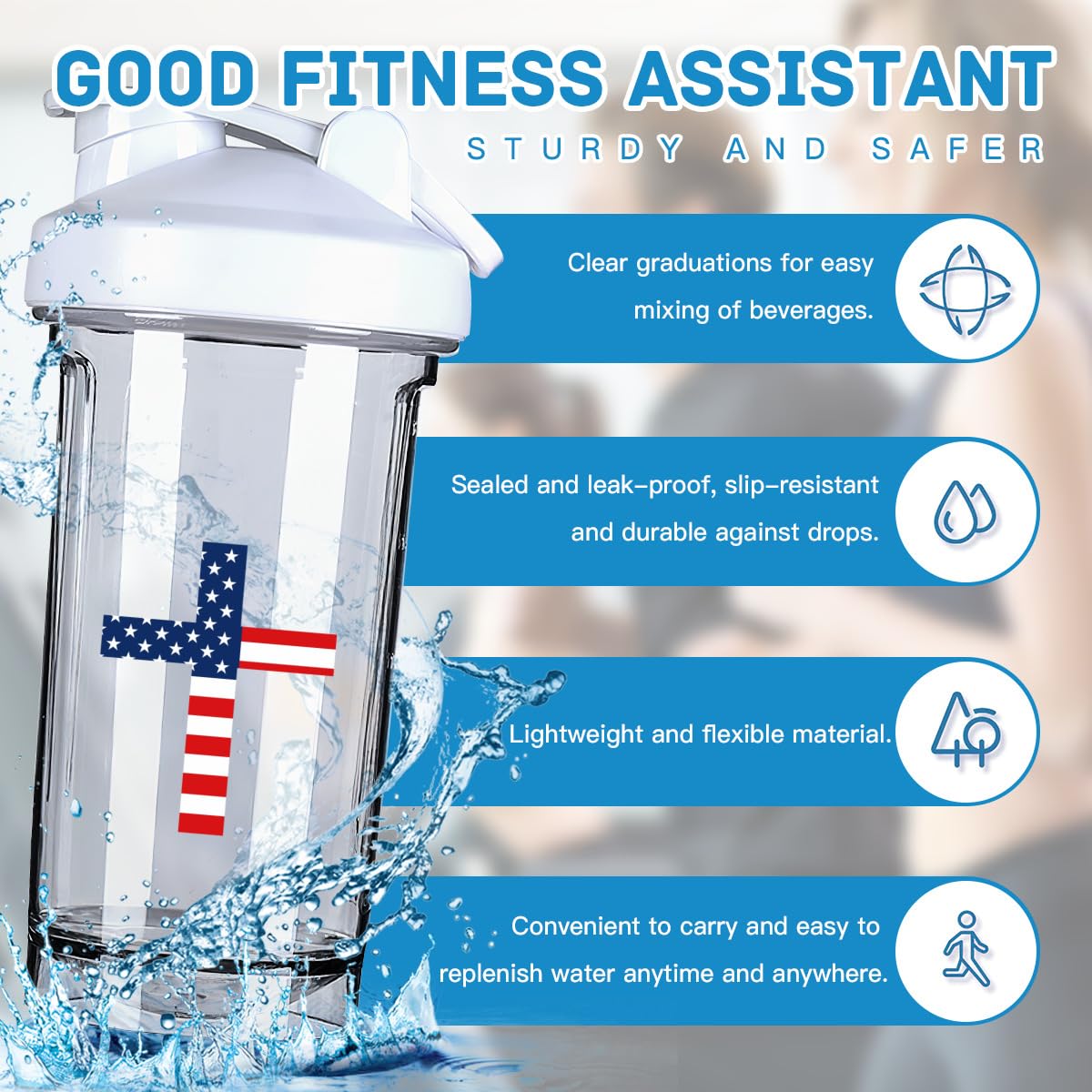 Christian Cross America Flag 18 Ounce Shaker Cup,Fashion Theme Pattern Shaker Bottle Leak-proof Workout Shake Bottles 500ML/18 oz Perfect for Pre Workout