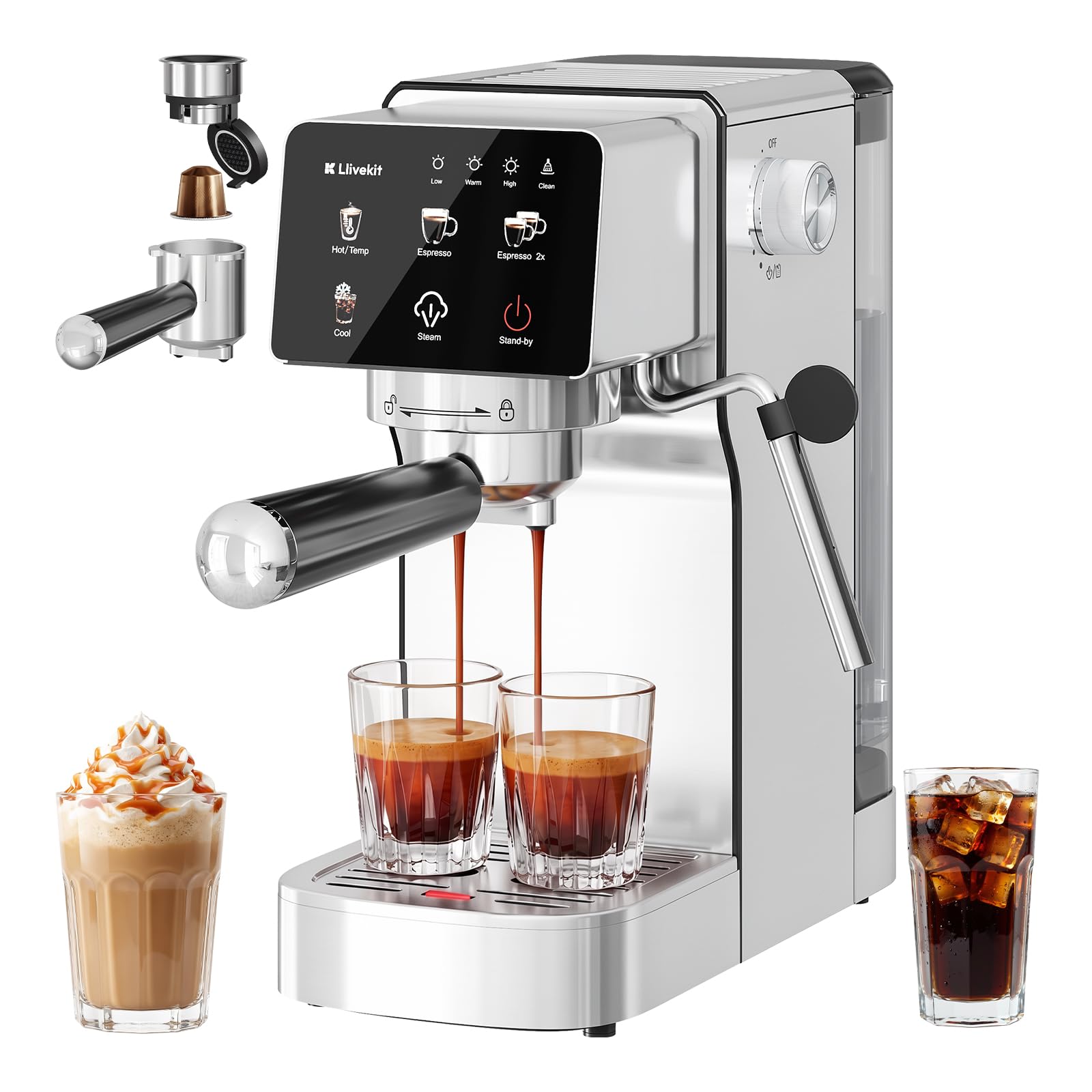 LLIVEKIT Siebträgermaschine, 20 Bar Espressomaschine mit Milchaufschäumer, 3 Temperaturen, Kapsel & Kaffeepulver geeignet, 1,2 L Wassertank, Kompakte Espressomaschine für Cappuccino Latte, Edelstahl
