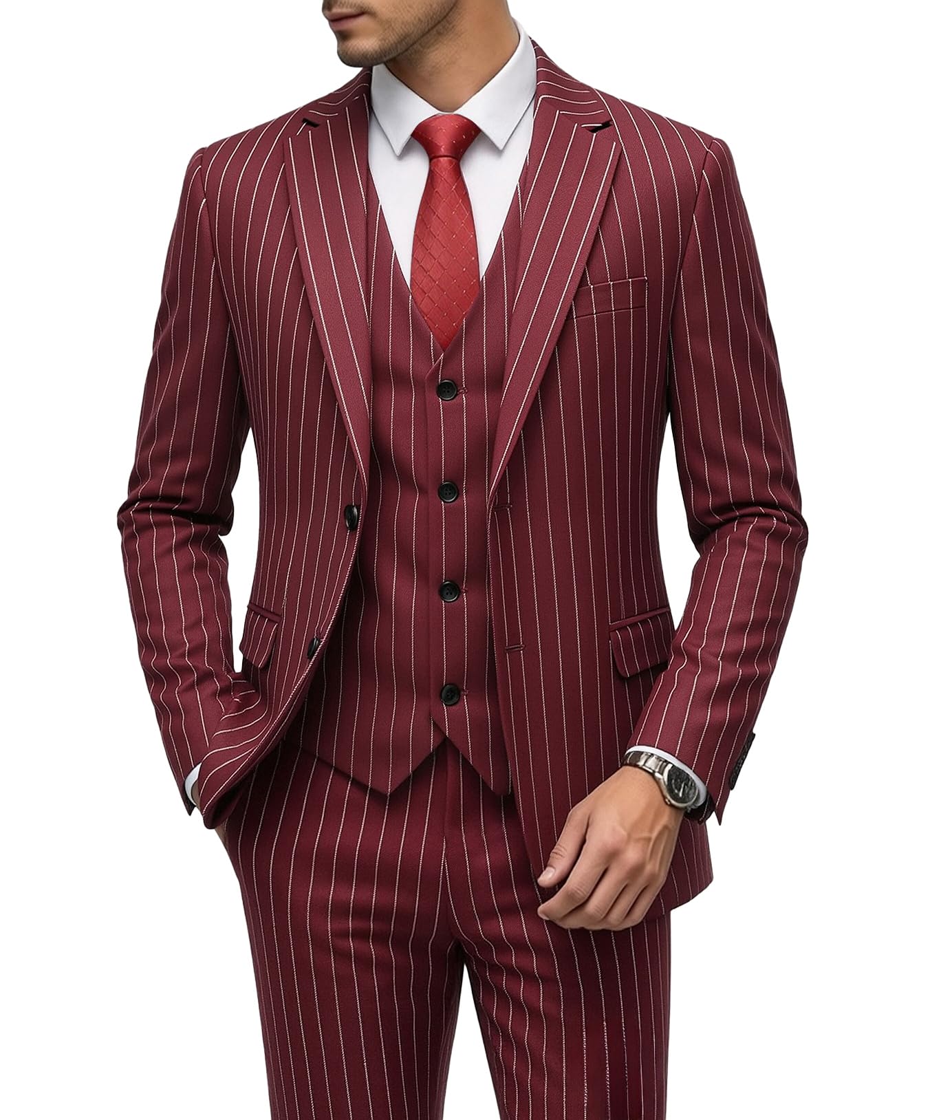 MOGU Mens 3 Piece Pinstripe Suit Slim Fit Double Vents Tuxedo Jacket Vest & Pants Casual Dress Set
