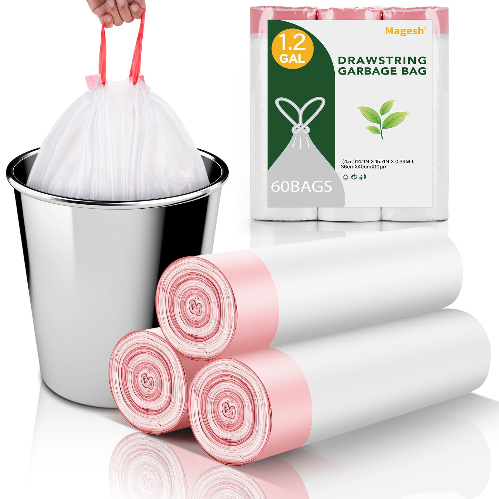 Photo 1 of 1.2 Gallon Small Trash Bags Drawstring - White Mini Garbage Bags (Fit 1-1.3 Gallon) 5 Liter 60 Count Unscented Strong Plastic Tiny Little Waste Basket Liners for Kitchen Car Office Magesh