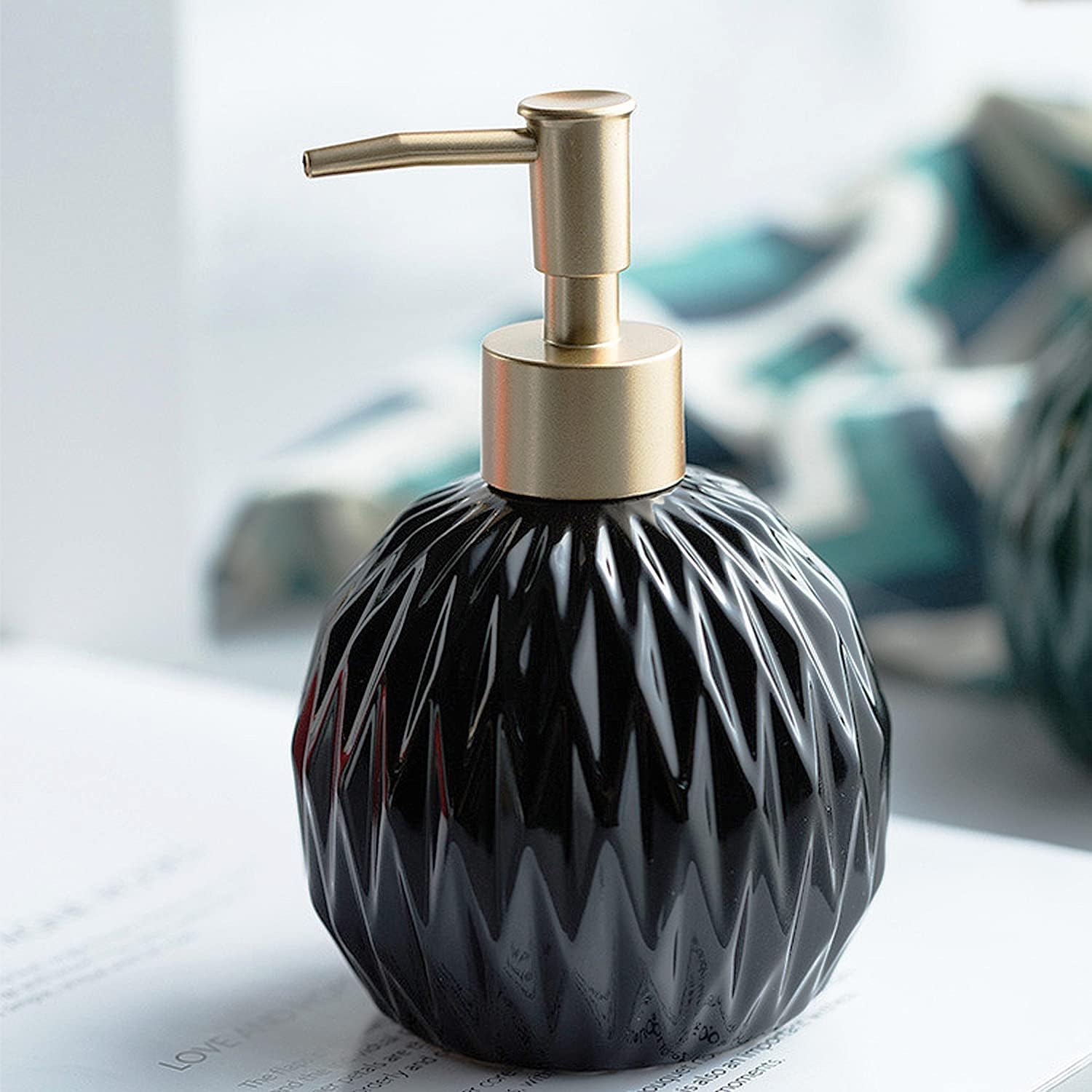 Ceramics Gold Soap Dispenser for Bathroom, Relief Soap Dispenser for Kitchen Sink, 400ml/13.5Oz Refillable Liquid Hand Soap Bottle with Gold Pump (Black).