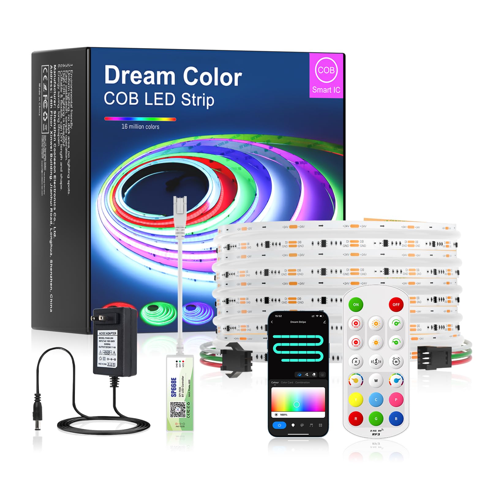 Addressable LED Strip Light Kit COB RGB SPI 5m 24V WS2811 IC alle 10cm steuerbar App Bluetooth + RF Fernbedienung hohe Helligkeit CRI90 schmaler 8mm LED Streifen für Innenbeleuchtung TV Küche Möbel
