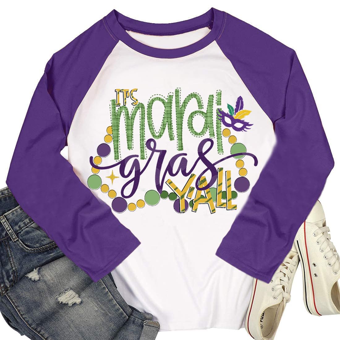 COLORFUL BLINGIt's Mardi Gras Yall Shirts for Women Fat Tuesday Glitter Mask Graphic Shirts Parade Carnival Raglan Long Sleeve Tee Top