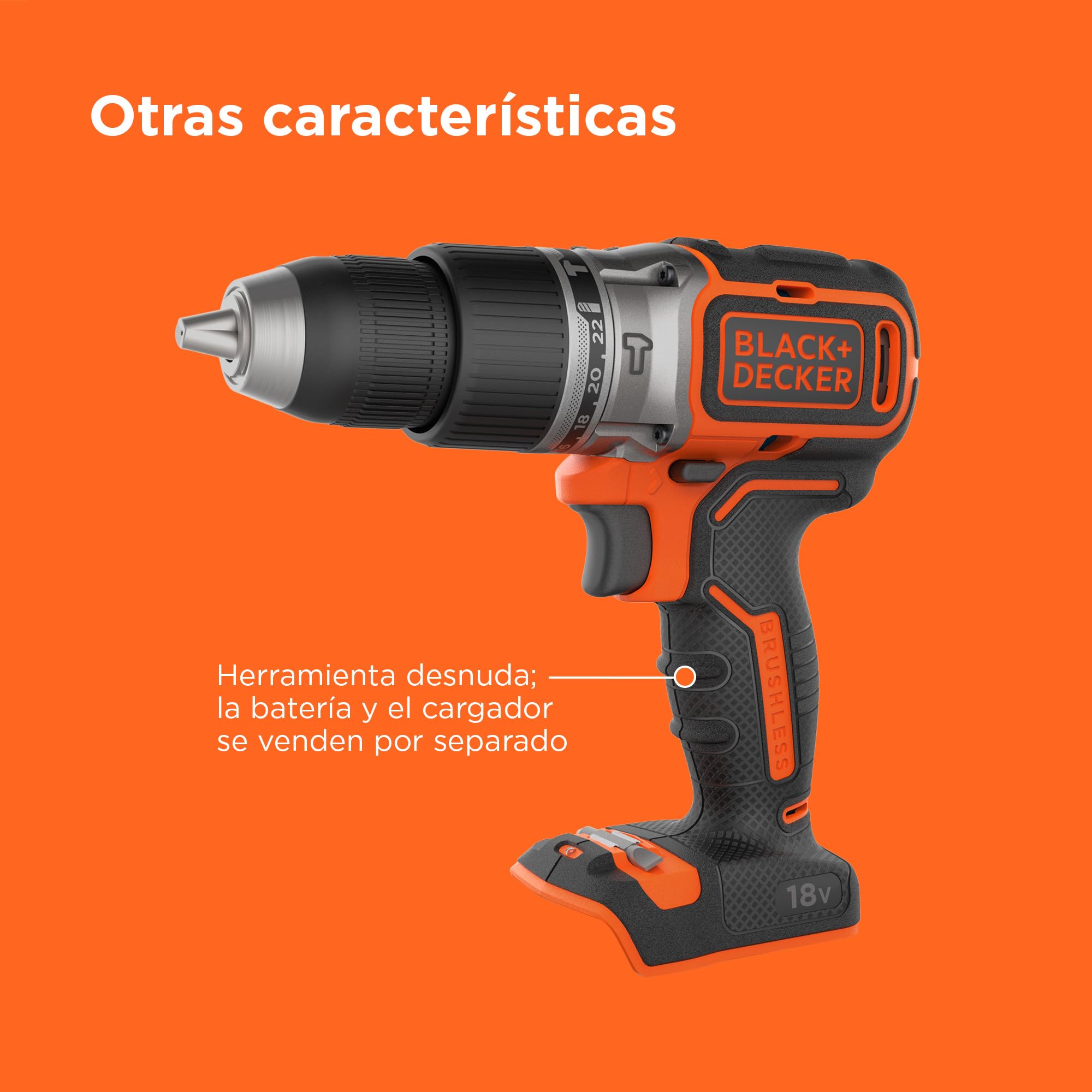 BLACK+DECKER Taladro percutor sin cable 18V, motor sin escobillas, 28,050 GPM, 52Nm, 2 velocidades para perforar madera y acero, herramienta sola, BL188N-XJ