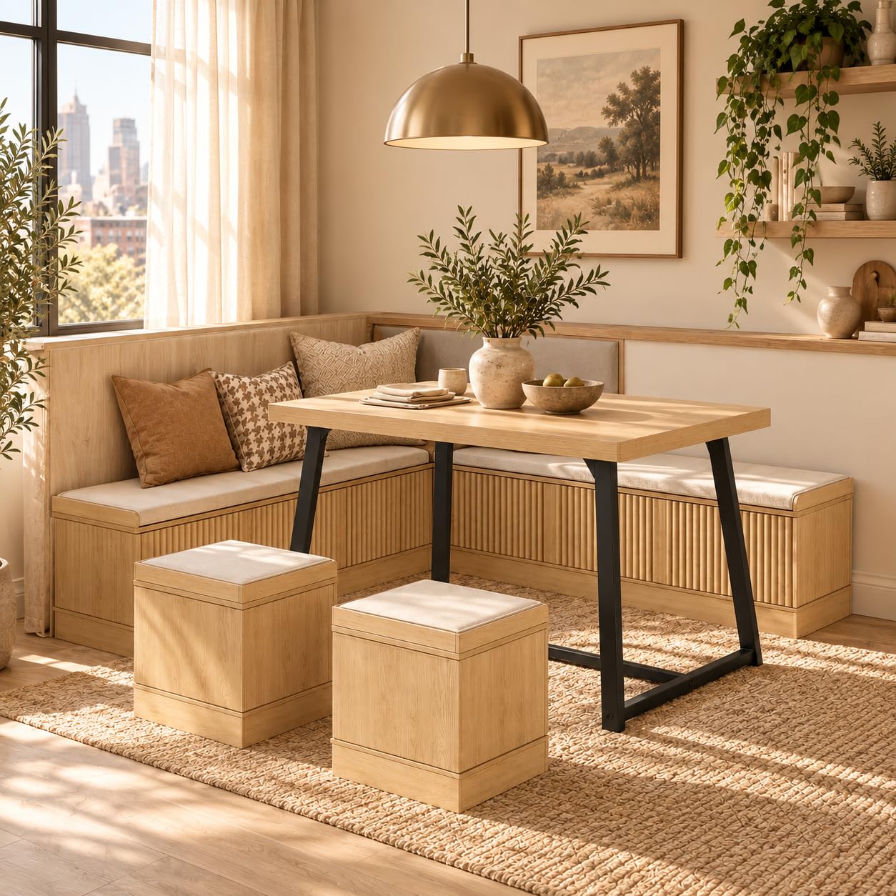 XIAO WEI 63 Breakfast Nook Table Set with Storage Bench, Natural Wood