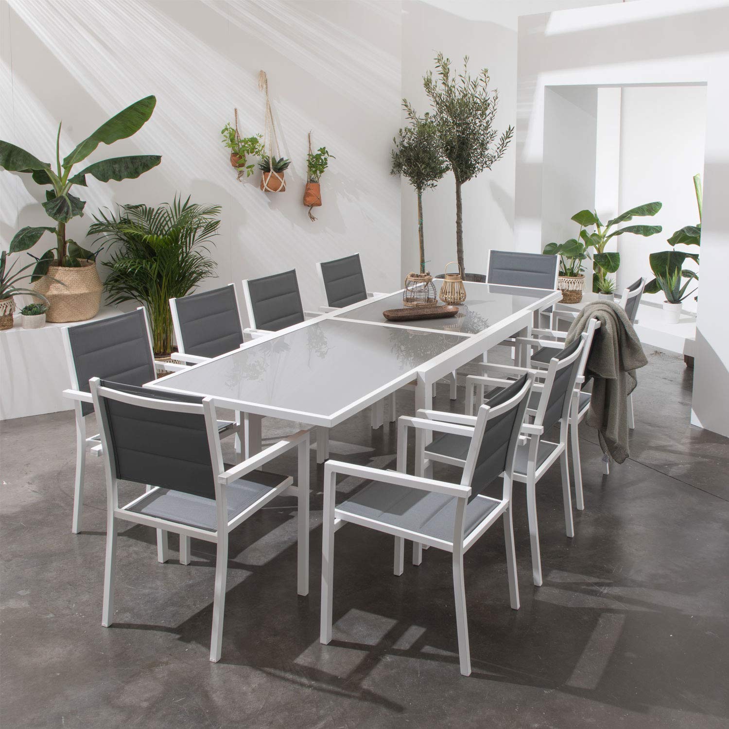 Happy Garden Salon de Jardin Extensible LAMPEDUSA - Salon de Jardin 10 Personnes - Table + Chaises - Blanc/Gris