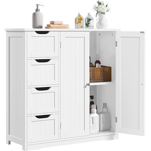 Yaheetech Wooden Bathroom Floor Cabinet, Side Storage Organizer Cabinet with 4 Drawers & Double Doors, Freestanding Entryway Storage Unit Console Table, Bathroom Furniture Home Decor, White