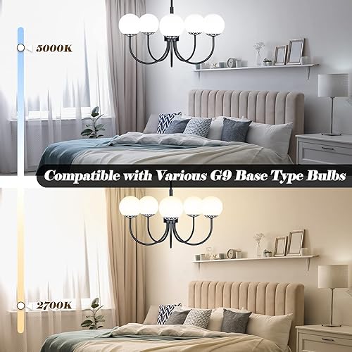 Miniatura 6 de Yolsunes Lámpara colgante de araña negra, lámpara de cocina de 5 luces, moderna de mediados de siglo, lámpara de techo semiempotrada grande con