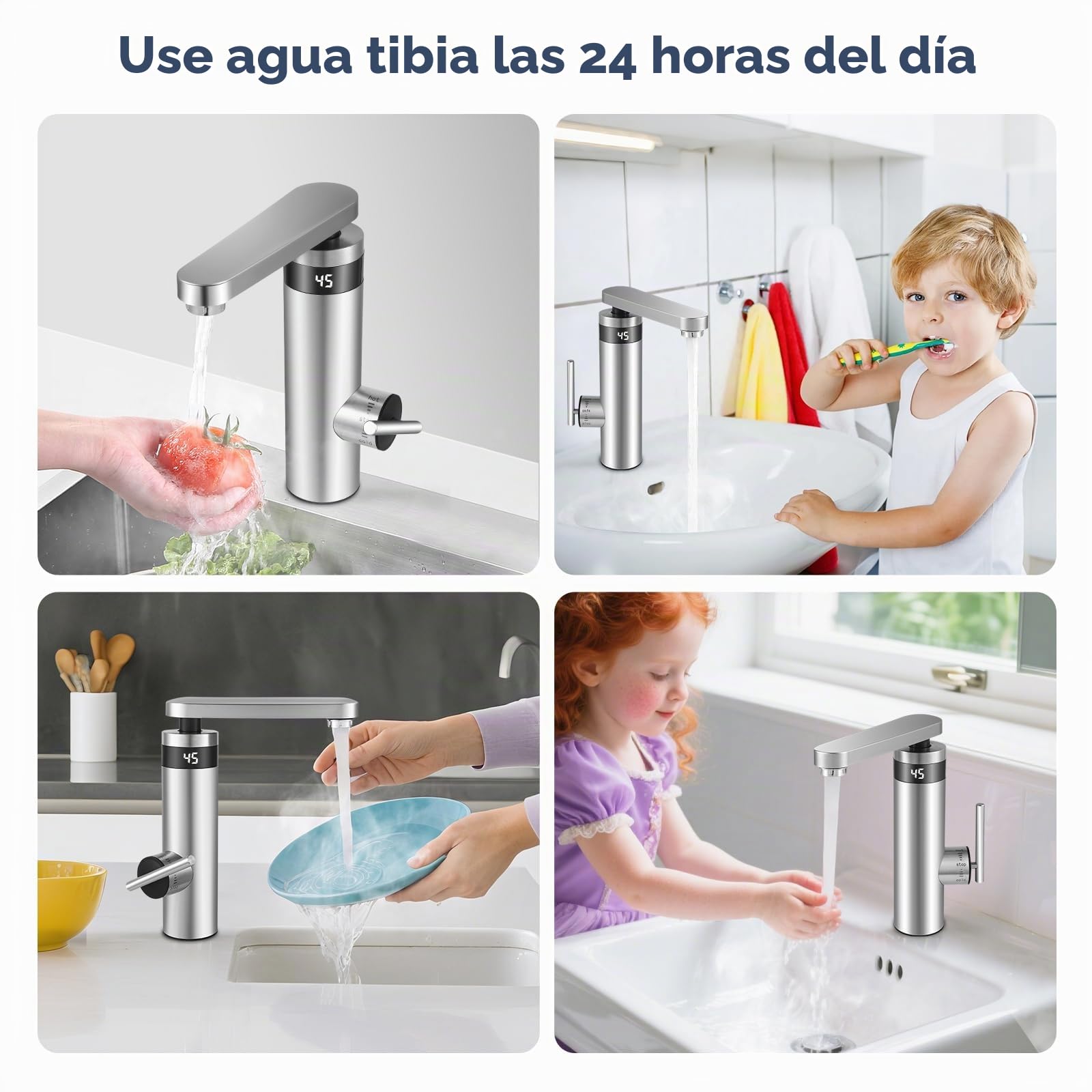 3000 W 230 V grifo de agua eléctrico de paso de acero inoxidable con calentador de agua, grifo de cocina con indicador de temperatura, grifo de agua caliente y fría para cocina y baño