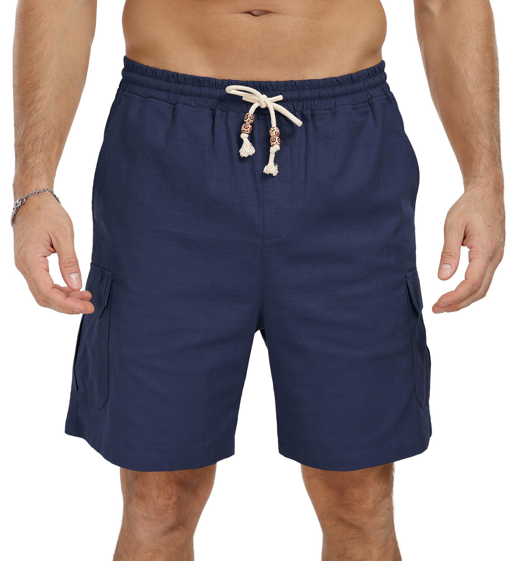 NITAGUT Men's Linen Shorts Summer Beach Casual Drawstring Shorts with Multi Pockets