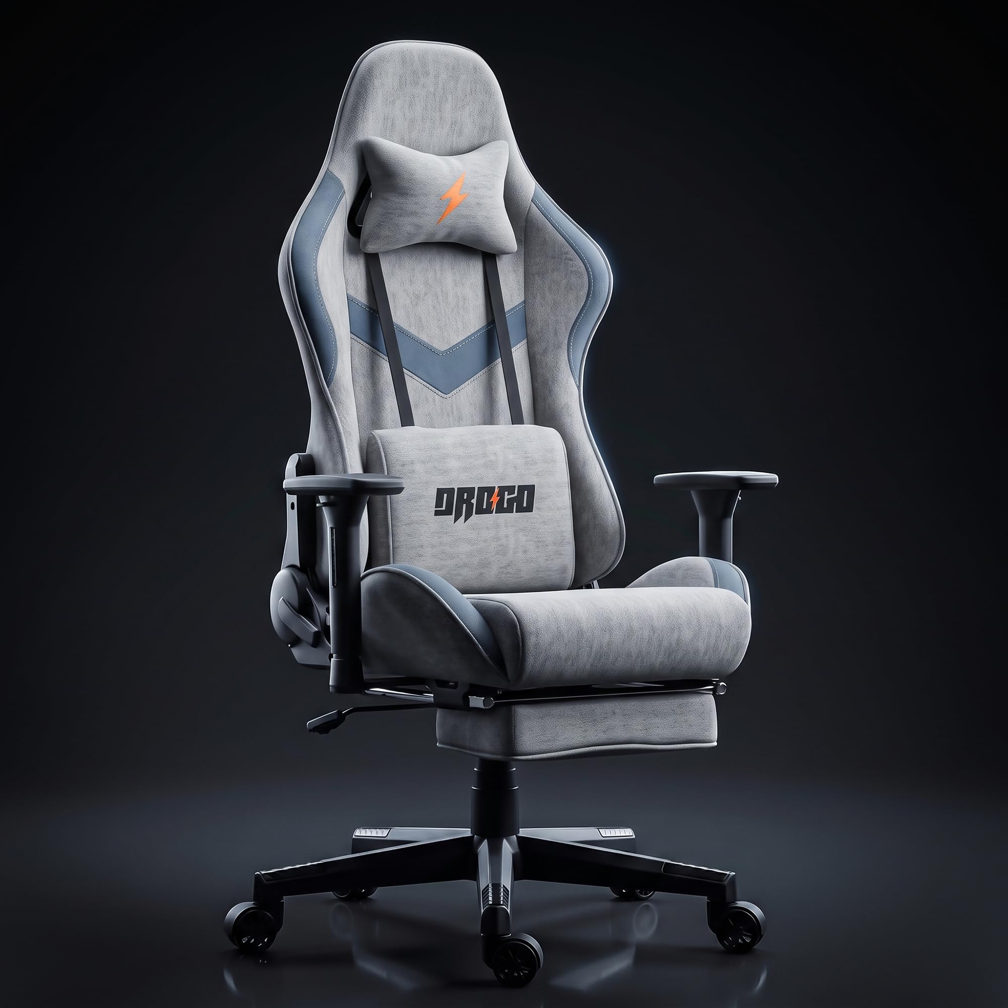 BAYBEE Drogo Evolved Ergonomic Gaming Chair with Footrest,Breathable Fabric,Adjustable Seat&3D Armrest|Head&Massager Lumbar Support Pillow|Home&Office Chair with Full Recline Back(Grey)