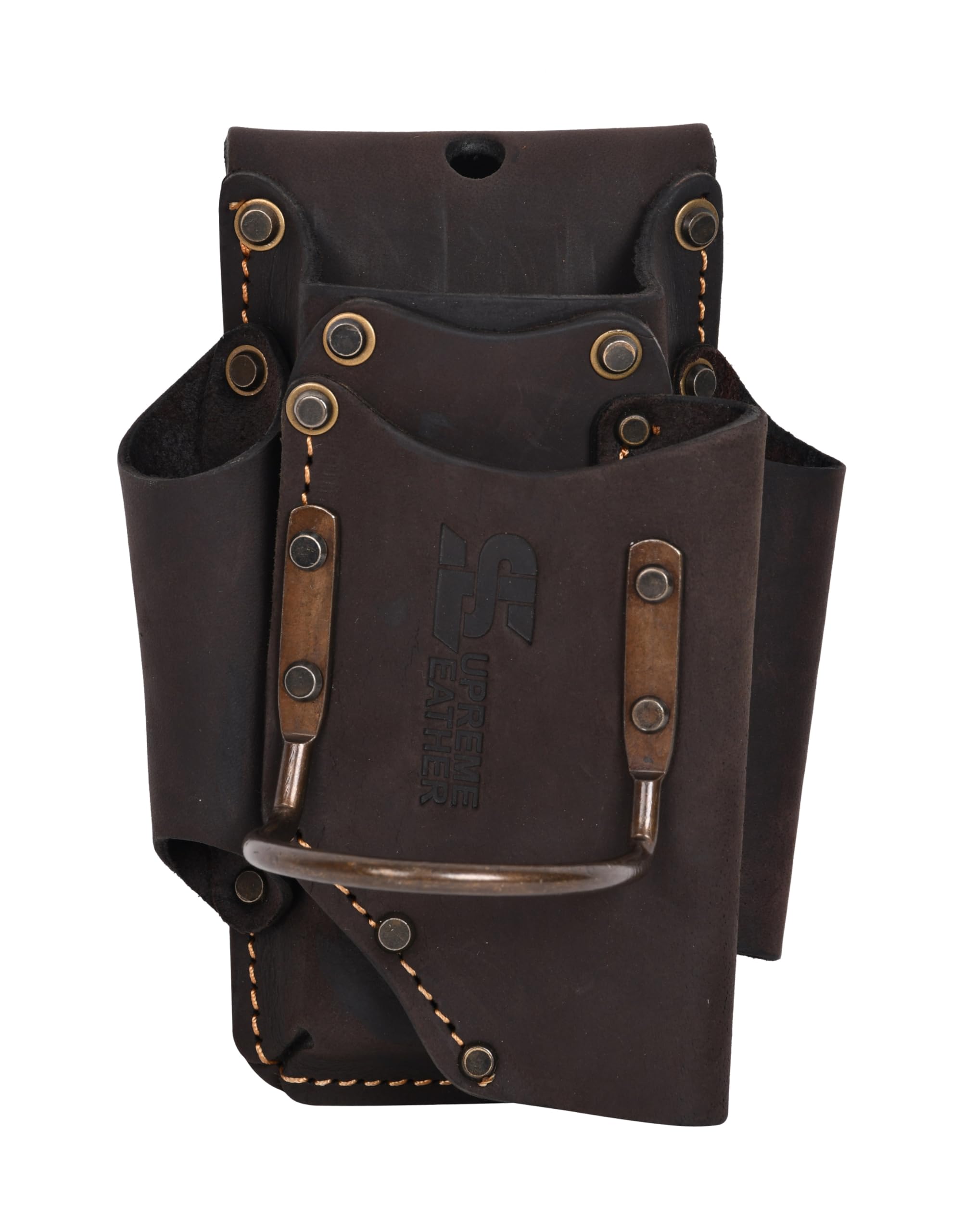 Supreme Leather Small Leather Tool Pouch – 5-in-1 Heavy Top Grain Leather Pouch with Steel Hammer Loop & 4 Pockets | Handcrafted, Durable & Fits Belts