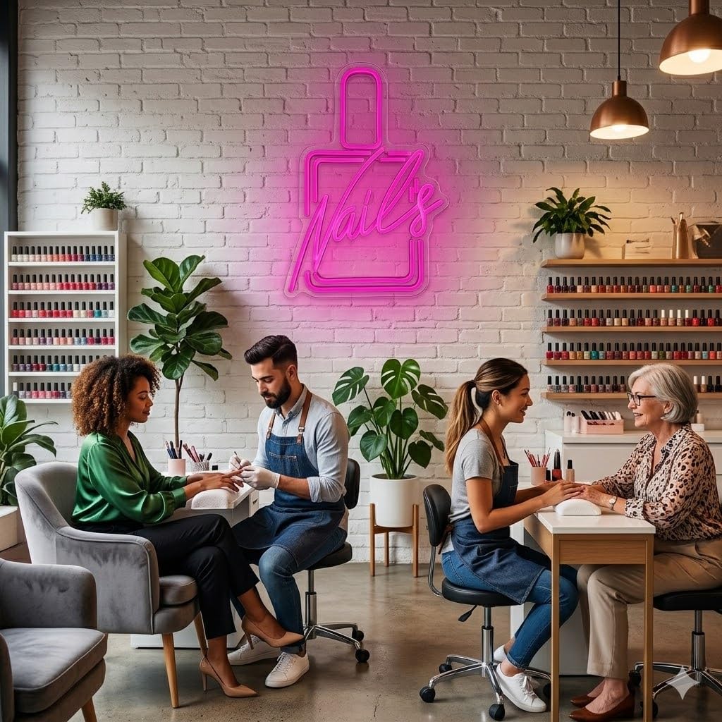 Letrero Neón de Esmalte de Uñas Nail's, Luz neón LED, Rosa, Decoración de Pared con base metacrilato transparente, cadena, cable de 1.5 m y alimentación 12 v medidas 40x55 cm
