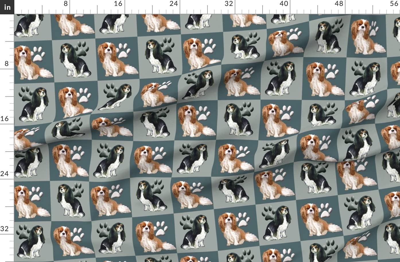 Spoonflower Fabric - Cavalier Spaniels Blue Paw Print King Charles Animals Spaniel Dogs Printed on Organic Cotton Sateen Fabric by The Yard - Sewing Quilting Apparel Home Decor