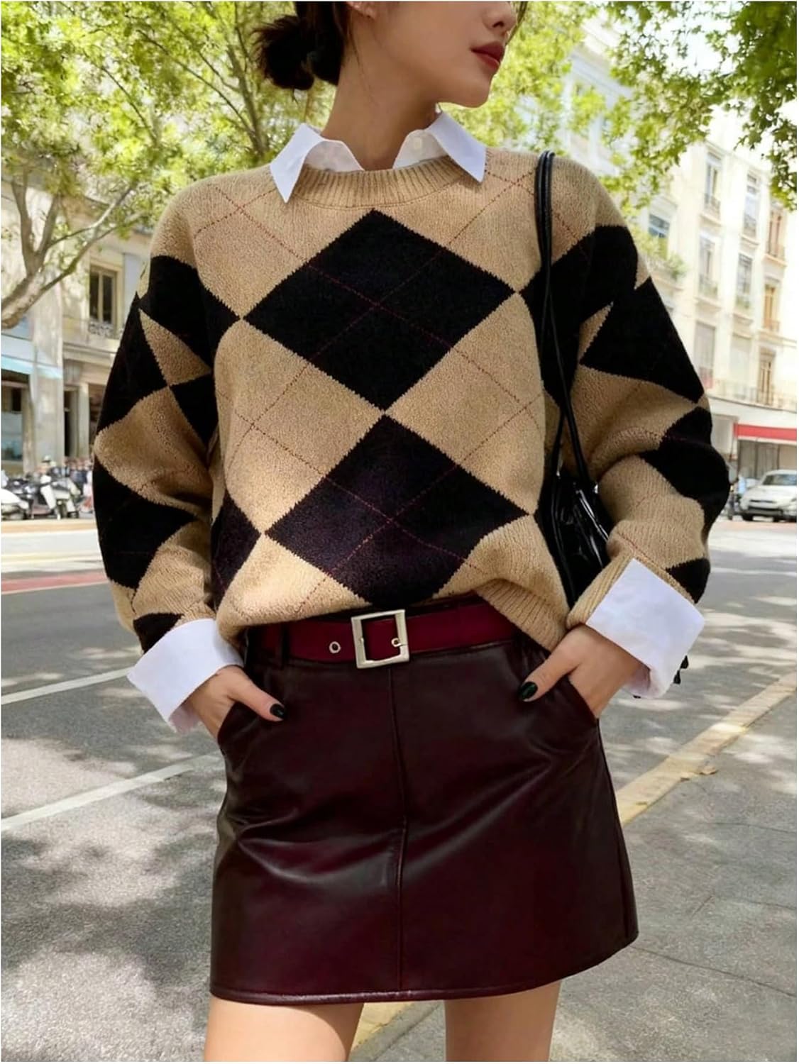 SOLY HUX Women's Argyle Sweater Plaid Long Sleeve Crew Neck Knit Pullover Casual Preppy Sweater Tops - Image 5