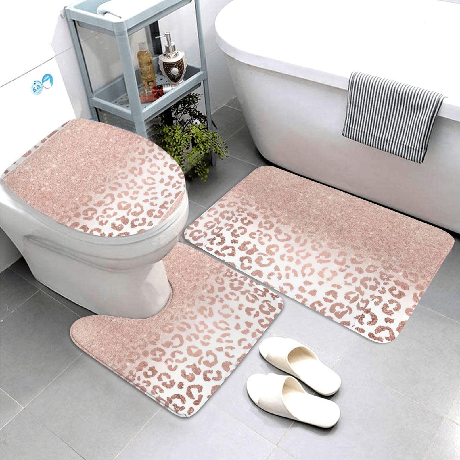 BREAUX Tapis de sol antidérapant imprimé pailleté or rose, tapis de douche antidérapant salle de bain 3 pièces