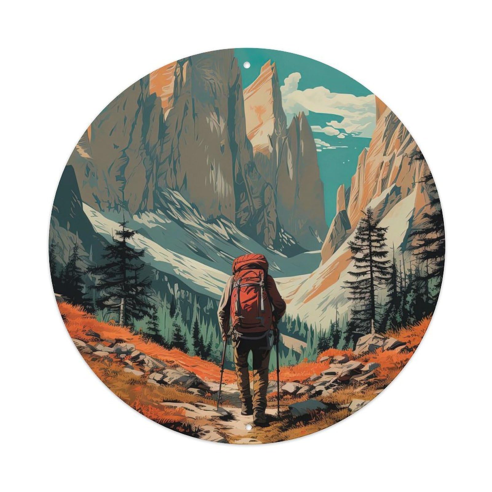 Vintage Art Hiking And Climbing Travel Vintage Metal Tin Sign Plaque Wall Decor for Cafe, Club, Garden Round Metal Poster 8x8Inch