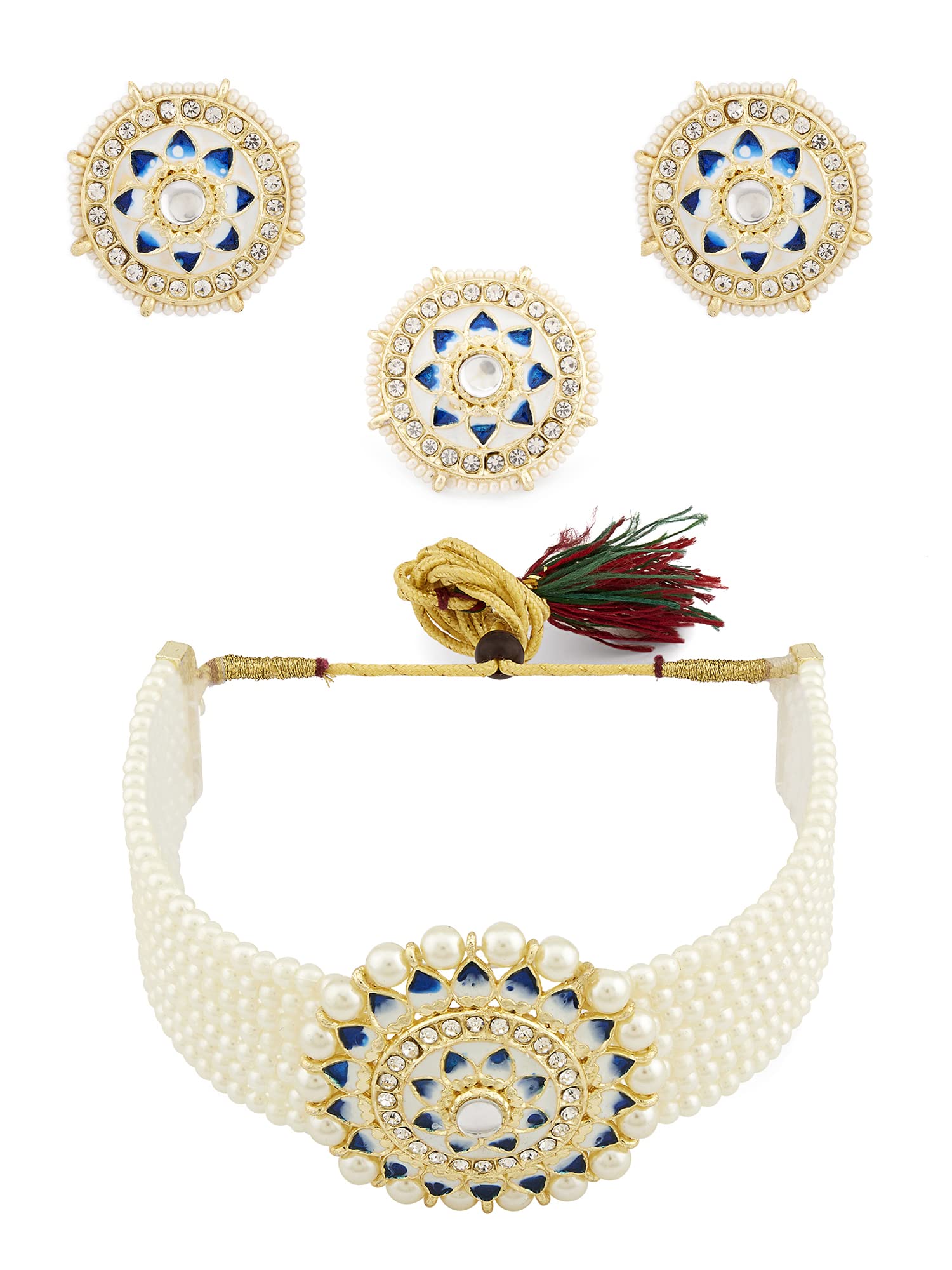 ZAVERI PEARLS Blue & White Meenakari Multistrand Pearls Choker Necklace Earring & Ring Set For Women-ZPFK13650 (B0B1HS63ZJ) Amazon Price History, Amazon Price Tracker