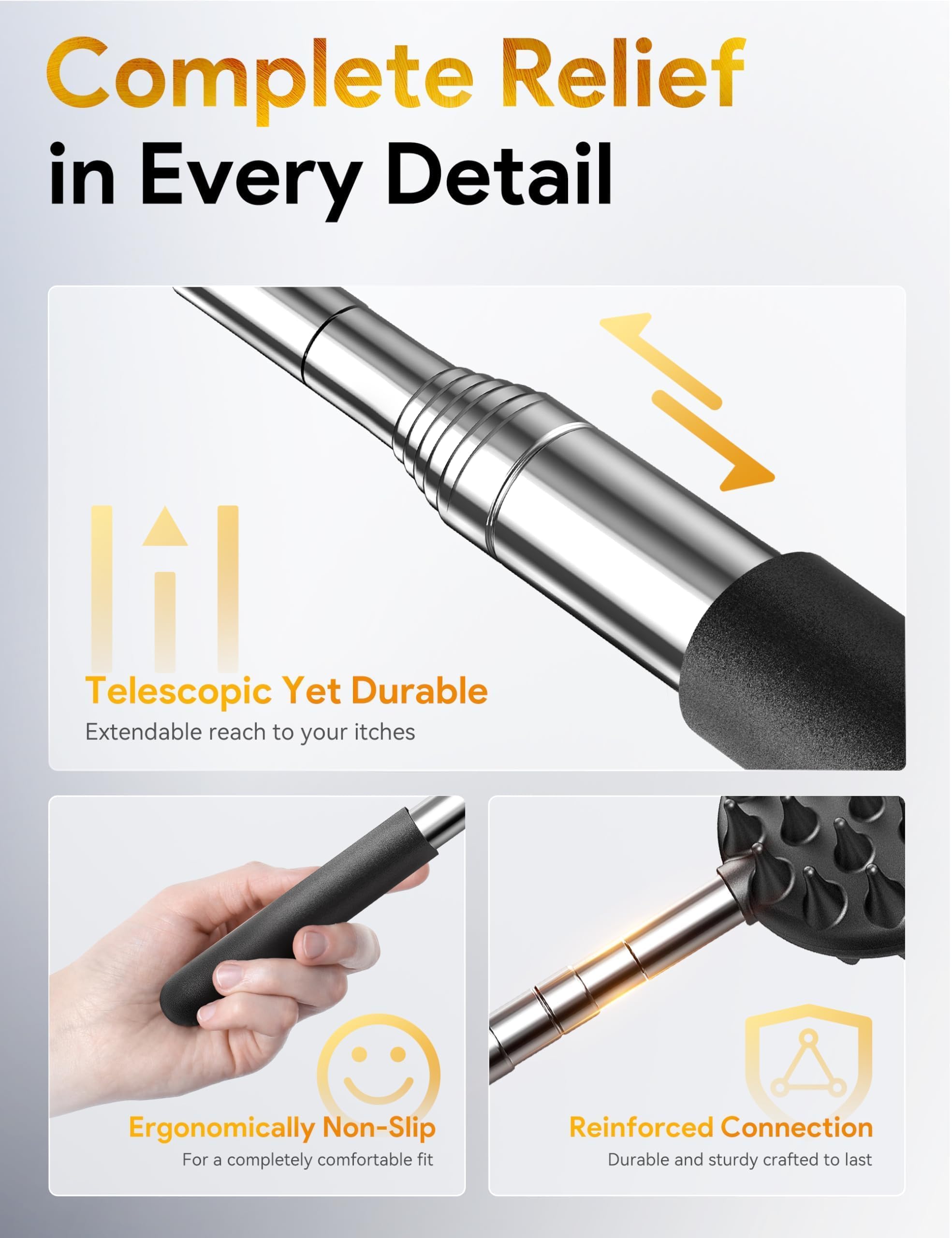 Rascador telescópico trasero con 3 cabezales desmontables, Tukuos portátiles extensibles para hombres/mujeres, masajeador de metal de acero inoxidable/Backslap para arañazos agresivos/moderados