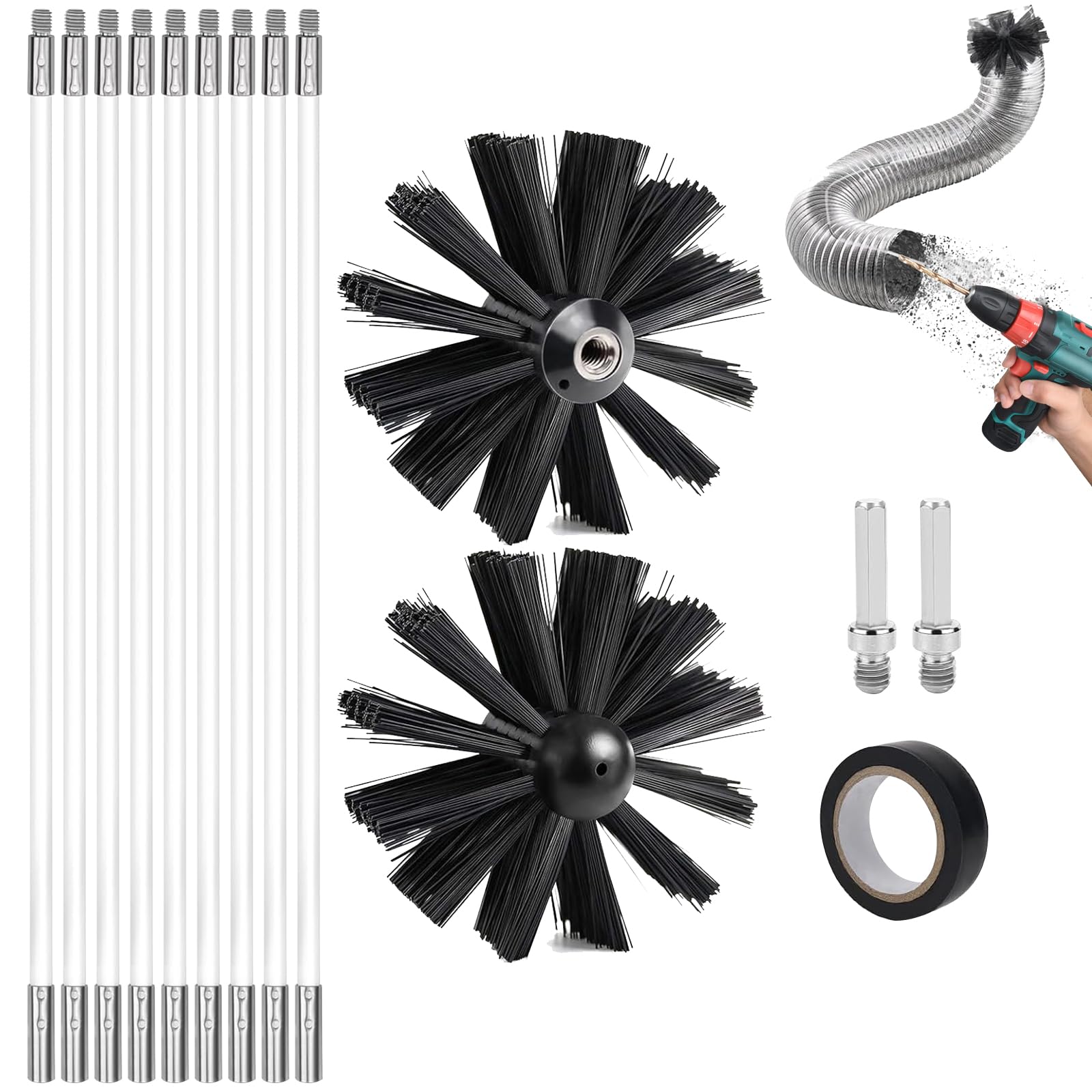 Kaminbürste 14 Juego de cepillo de chimenea,9 cepillo de tubo de horno 41cm,2 cepillo de barrido de chimenea 150cm,2 postes hexagonales,1 cinta de rollo de negro,utilizable con destornillador,tuberías