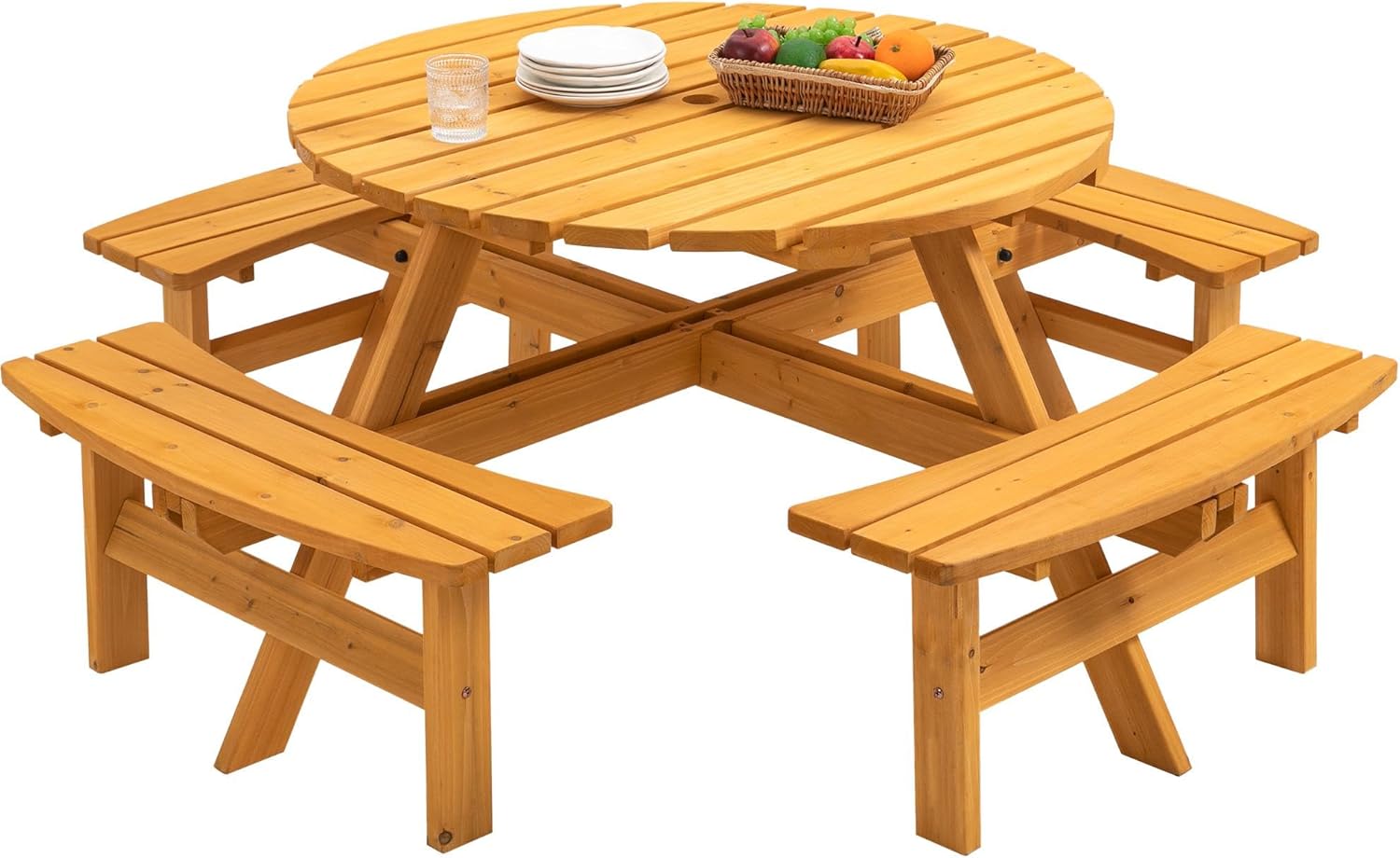 8 Person Wooden Picnic Table, Outdoor Camping Dining Table with Seat, Garden, DIY w/ 4 Built-in Benches, 2220lb Capacity - Natural