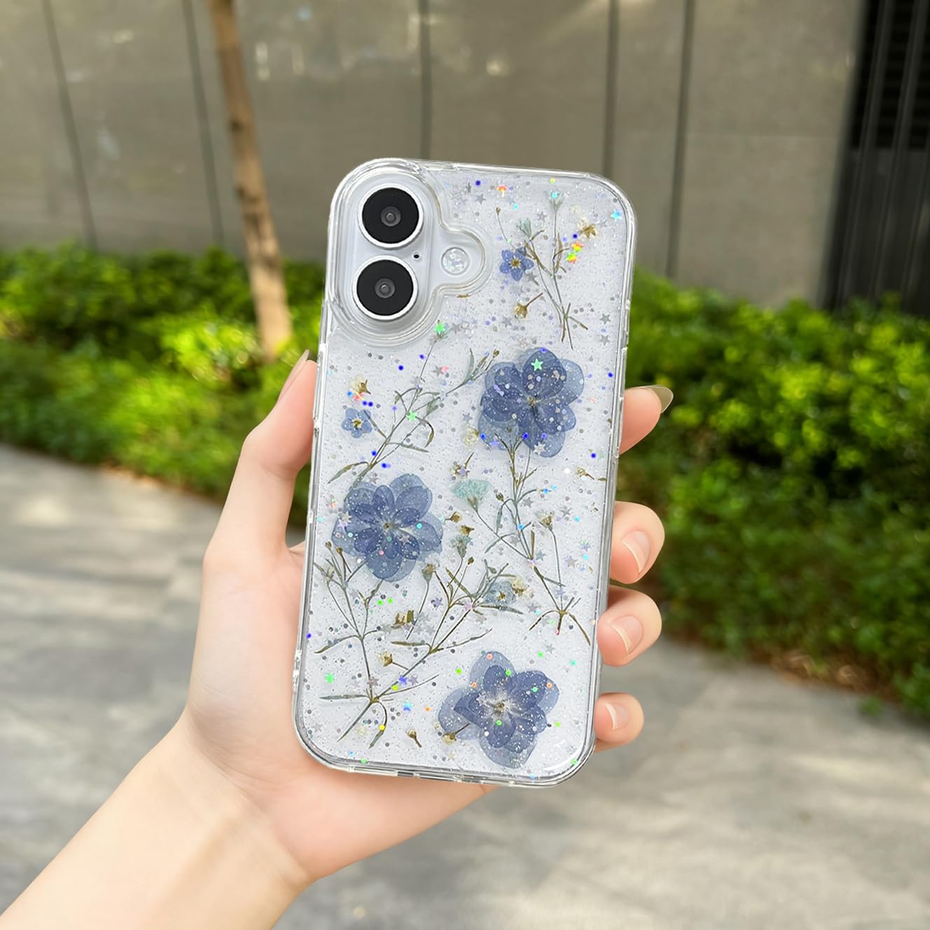 Funda Transparente para iPhone 16 Plus, diseño Floral con Flores Azules y violetas prensadas Reales, Bonito Brillo Brillante, Delgada, Suave, TPU, Transparente, para Mujeres y niñas