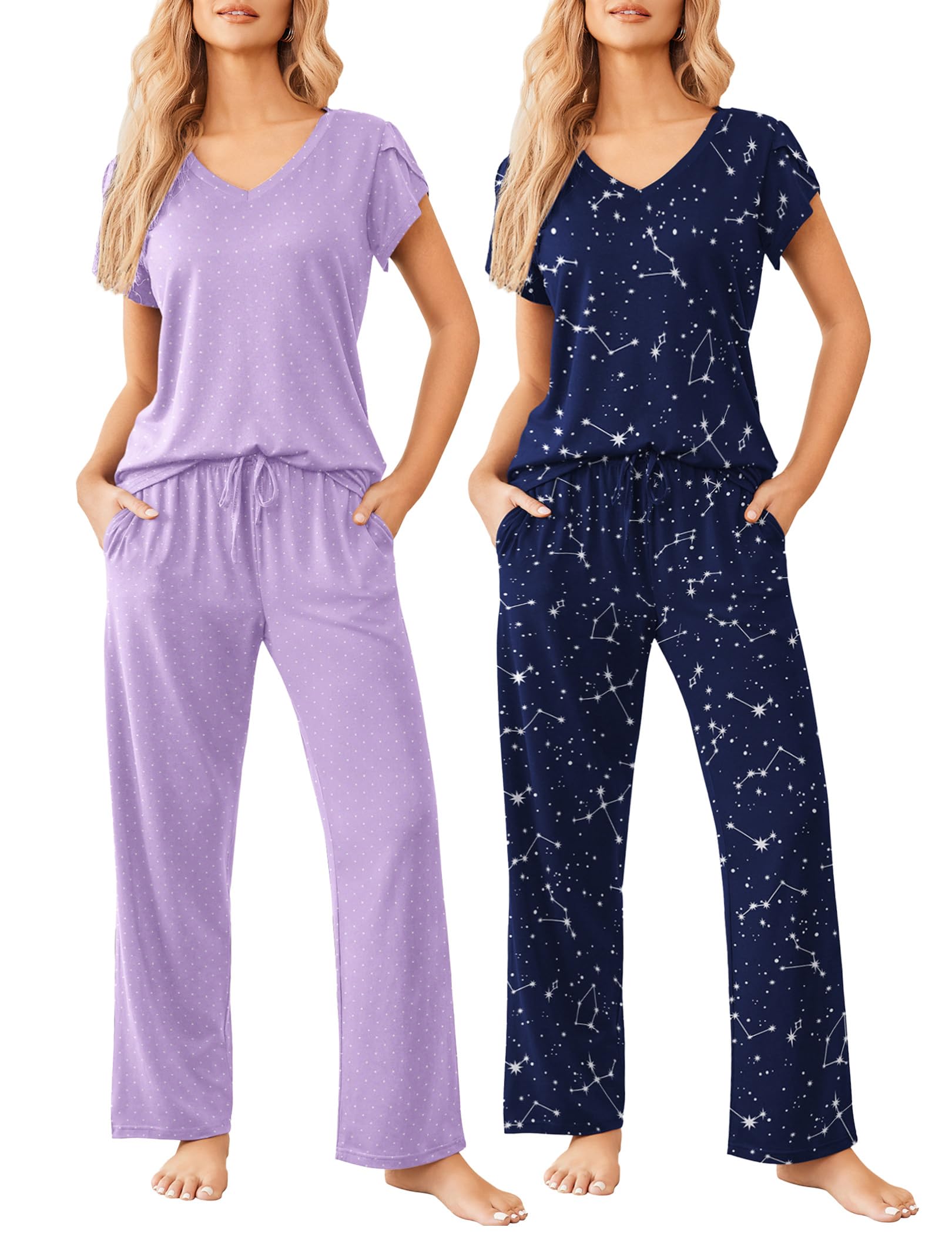 Ekouaer 2 Pack Womens Pajamas Short Sleeve Sleepwear Top with Pants Super-Soft Printed Lounge Sets S-XXL