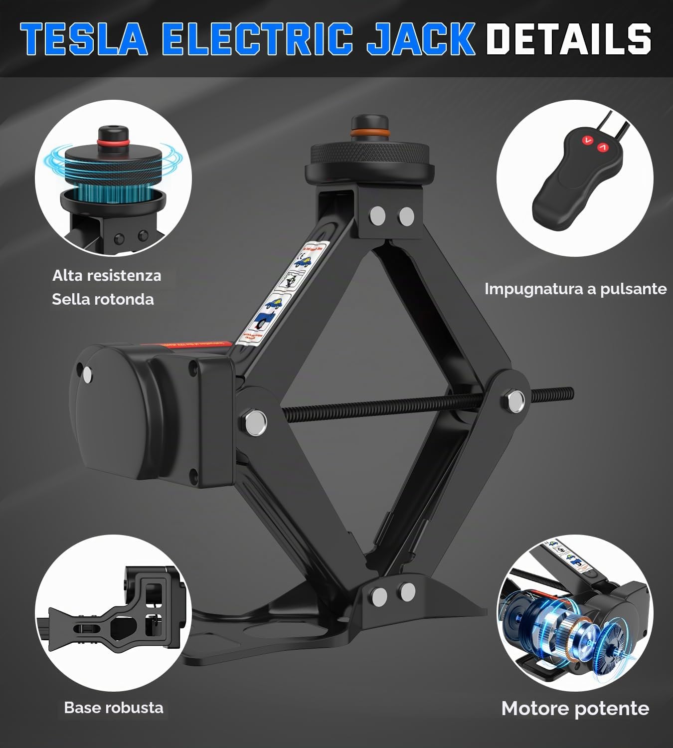 IMAYCC Elettrica Cric Per Auto 2T, Universale Cric Auto per Tesla 3/Y/X/S Con Tampone In Gomma, Cric Portatile Con Chiave Per Dadi Ruota, Kit Emergenza Auto Tesla Manutenzione e La Riparazione