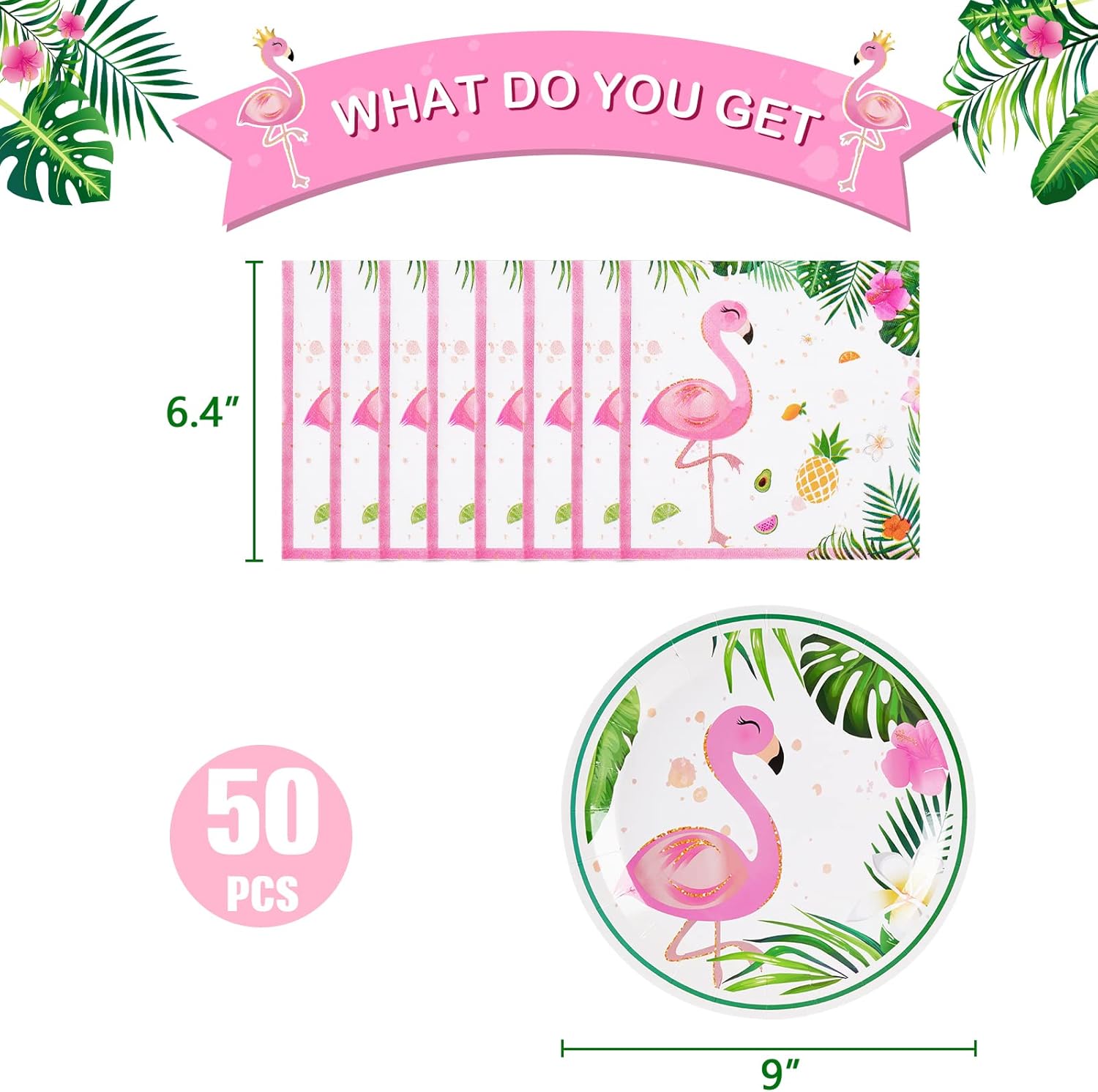 WERNNSAI Flamingo Plates and Napkins Set - Serves 50 Guests 100 PCS Hawaiian Luau Party Supplies Disposable Tableware Set Dinner Luncheon Plates Napkins for Birthday Baby Shower Wedding Party - Image 3