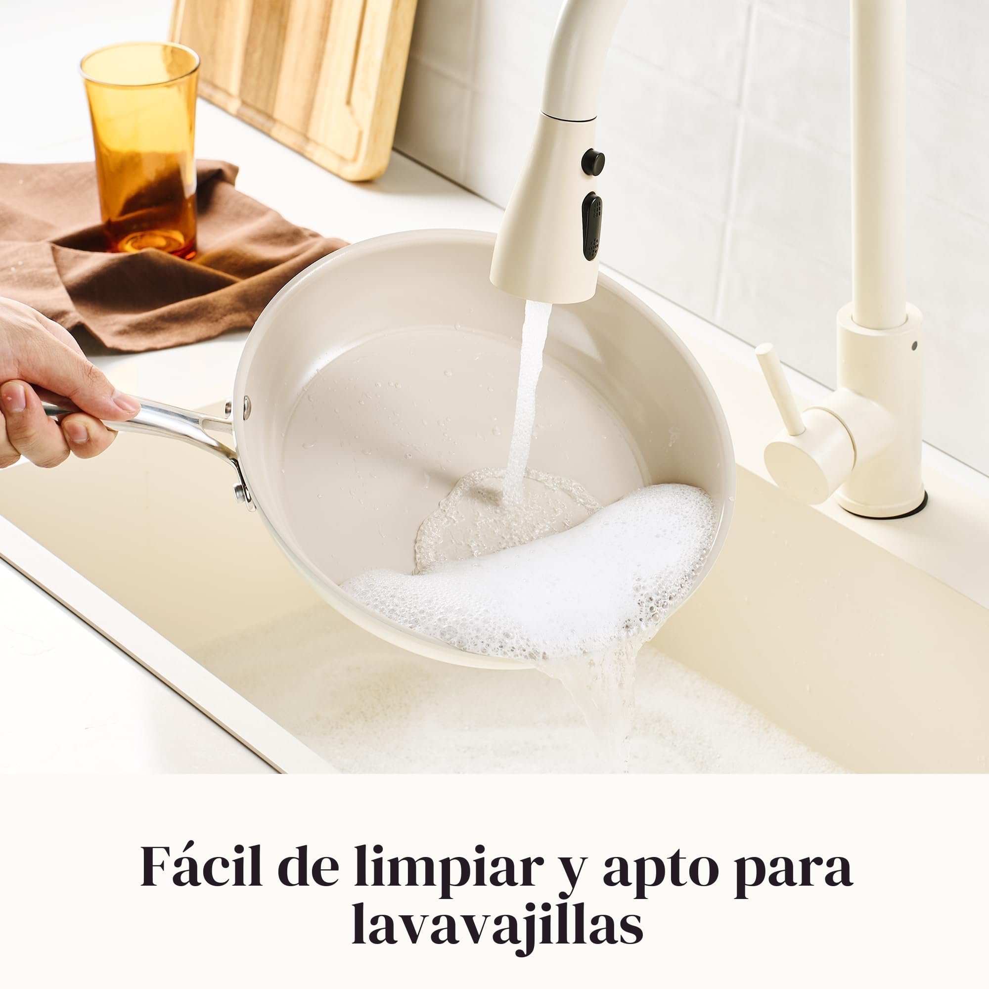 Redchef Juego De 3 Sartenes Ceramica Antiadherentes Para Inducción, 20/24/28 cm Para Todo Tipo De Cocinas, Sin Ptfe, Sin Pfas, Sin Pfoa, Aptas Para Inducción, Horno, Lavavajillas (Beige)