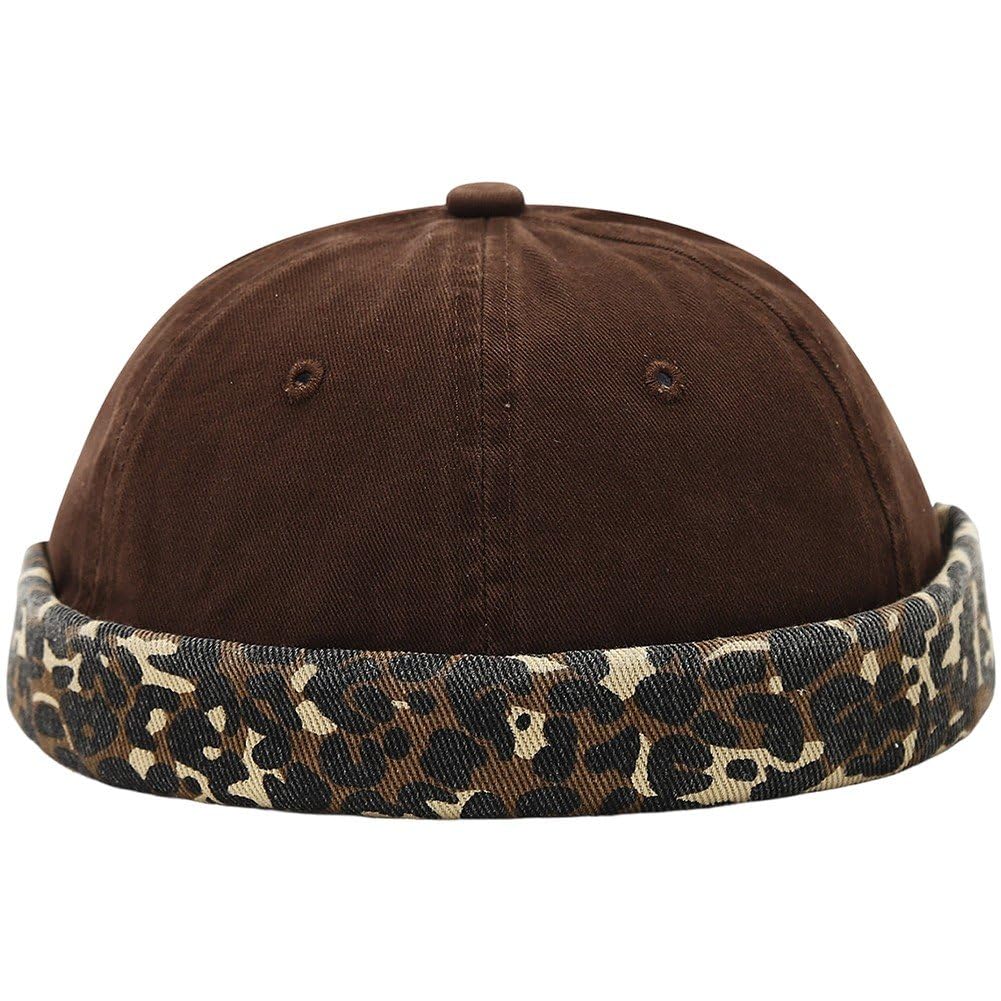 Sslvya Leopard Print Brimless Docker Cap, Retro Worker Sailor Hat Unisex Skull Cap Beanie with Rolled Cuff